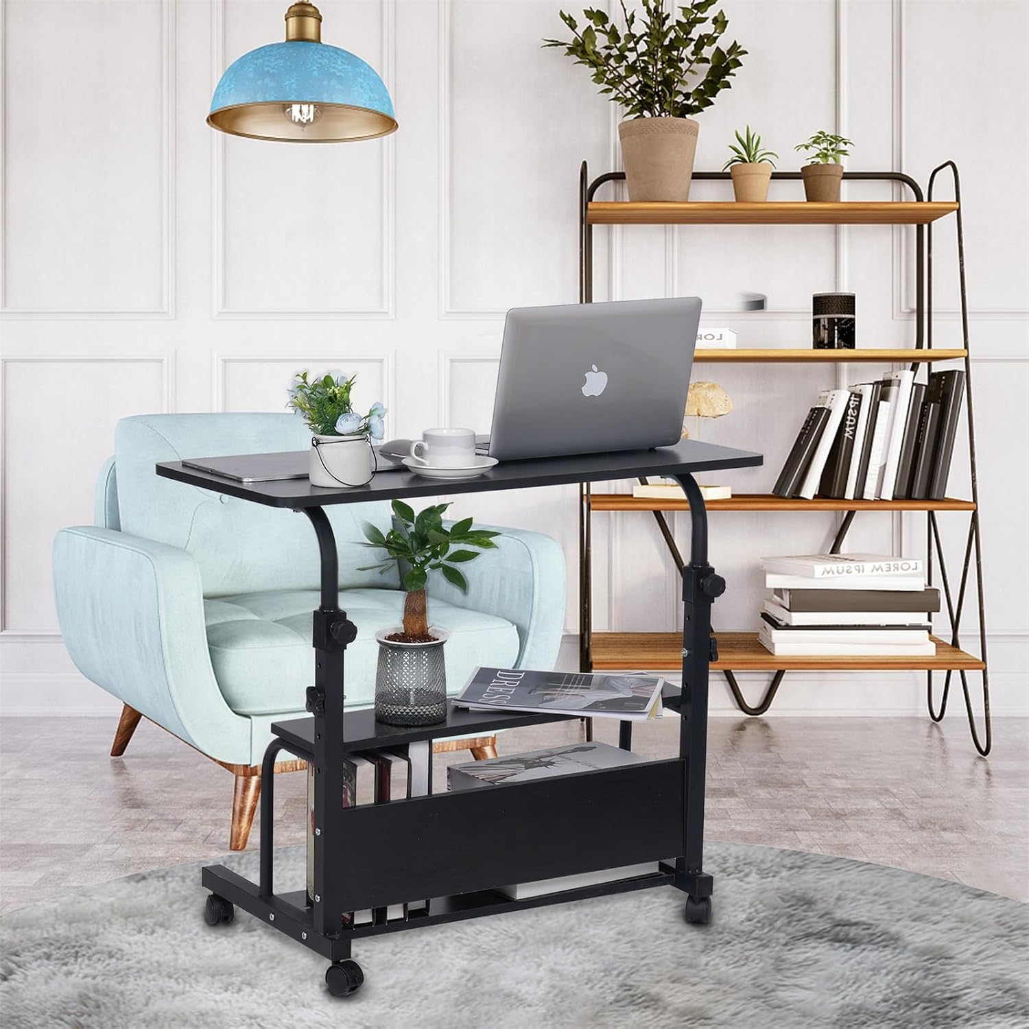 Portable Rolling Desk Adjustable Height Small Standing Desk on Wheels, 32 Inch Computer Laptop Table for Home Office Study Student Storage Mobile Desks for Couch Bedroom Black