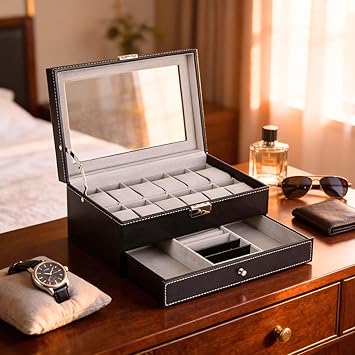 BucketList Watch Box for Men and Women: Double-Layer Faux Leather Organizer with 12 Slots for Watches and Jewelry - Black