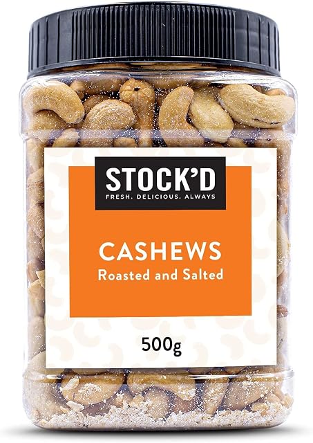 STOCK'D Roasted and Salted Cashews - 500g, Whole Cashew Nuts Perfect for Snacking with No Preservatives in Reusable PET Jar