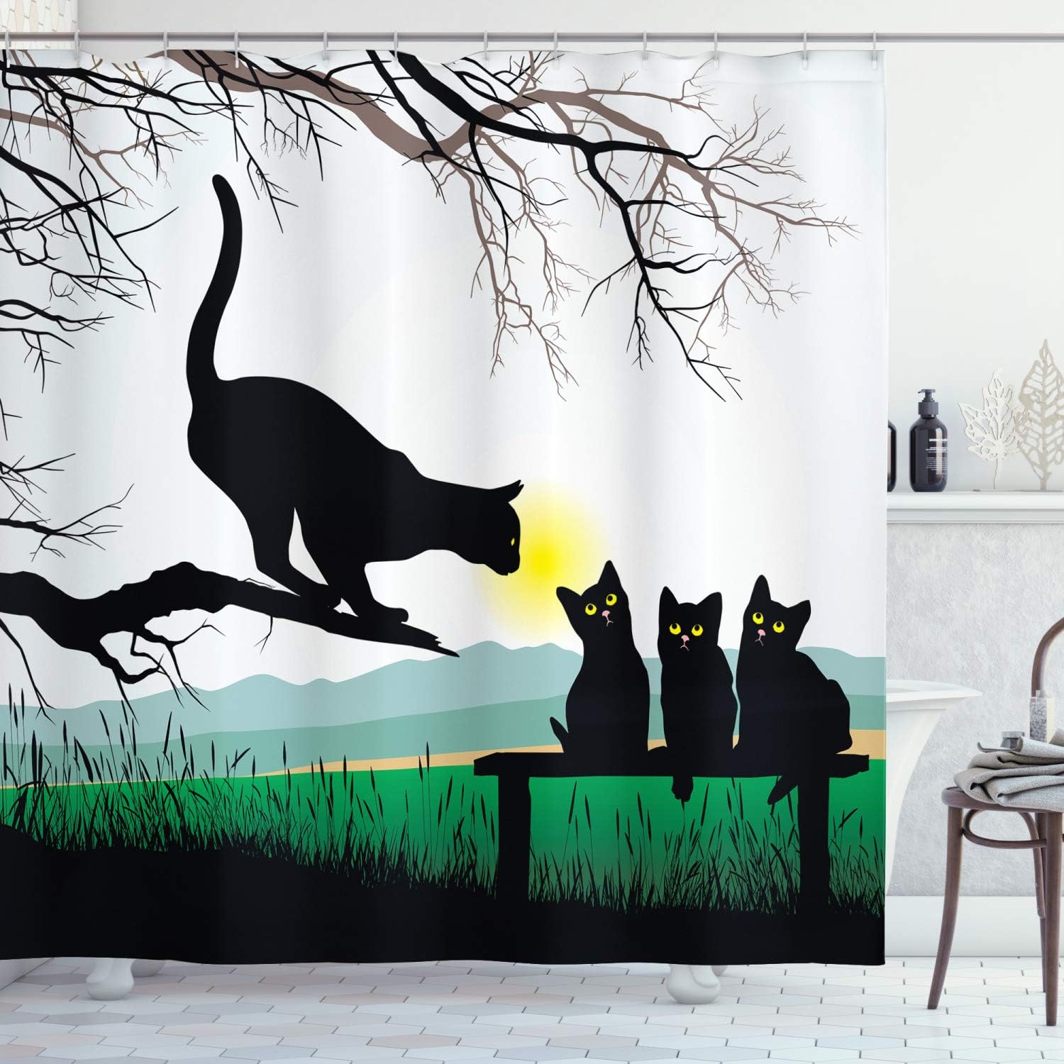 Ambesonne Cat Shower Curtain, Mother Cat on Tree Branch and Kittens in Park Best Friends I Love My Kitty Graphic, Cloth Fabric Bathroom Decor Set with Hooks, 69" W x 75" L, Soft Blue Black Jade Green