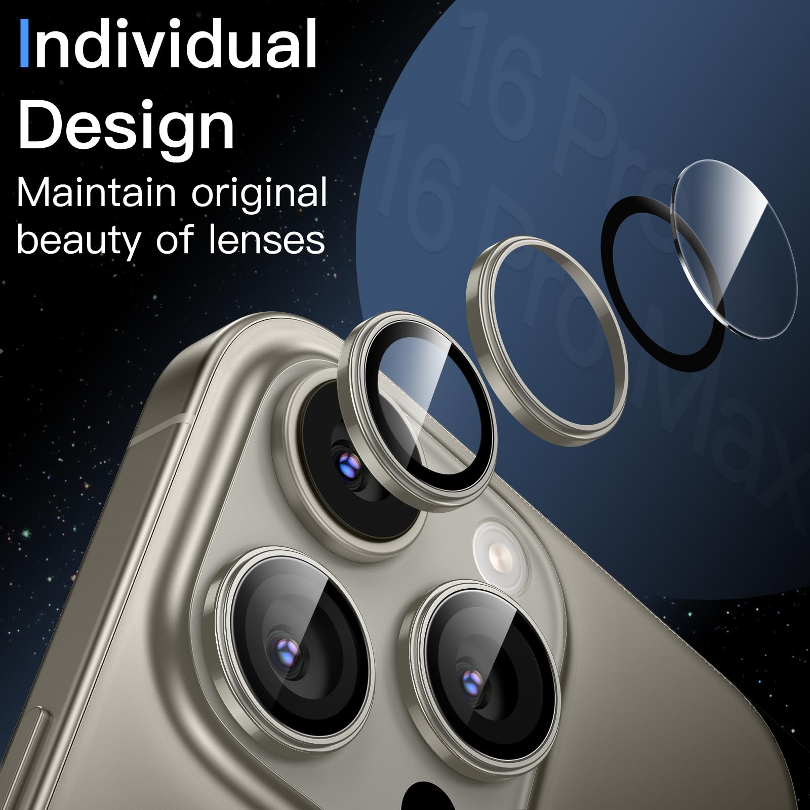 Protector Lente Cámara JETech Para IPhone 16 Pro/Pro Max - Vidrio Templado 9H, Anillo Metal, Negro Titanio