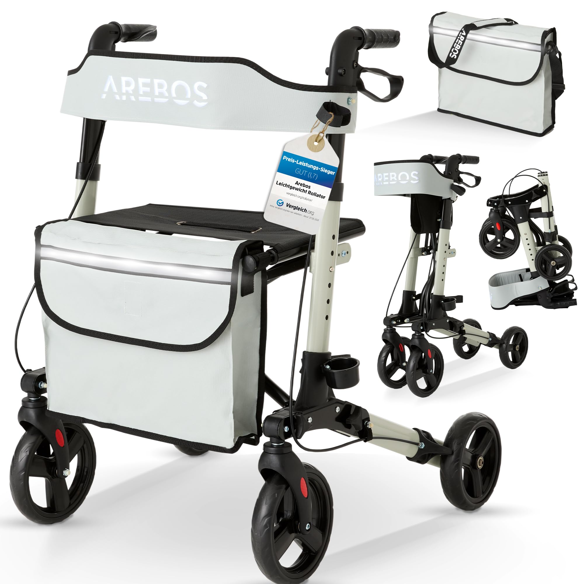 Arebos Andador Ligero de Aluminio | Plegable con 6 Alturas Ajustables | Incluye Soporte para Bastones y Bolsa de la Compra Extraíble | Función de Bloqueo | Gris