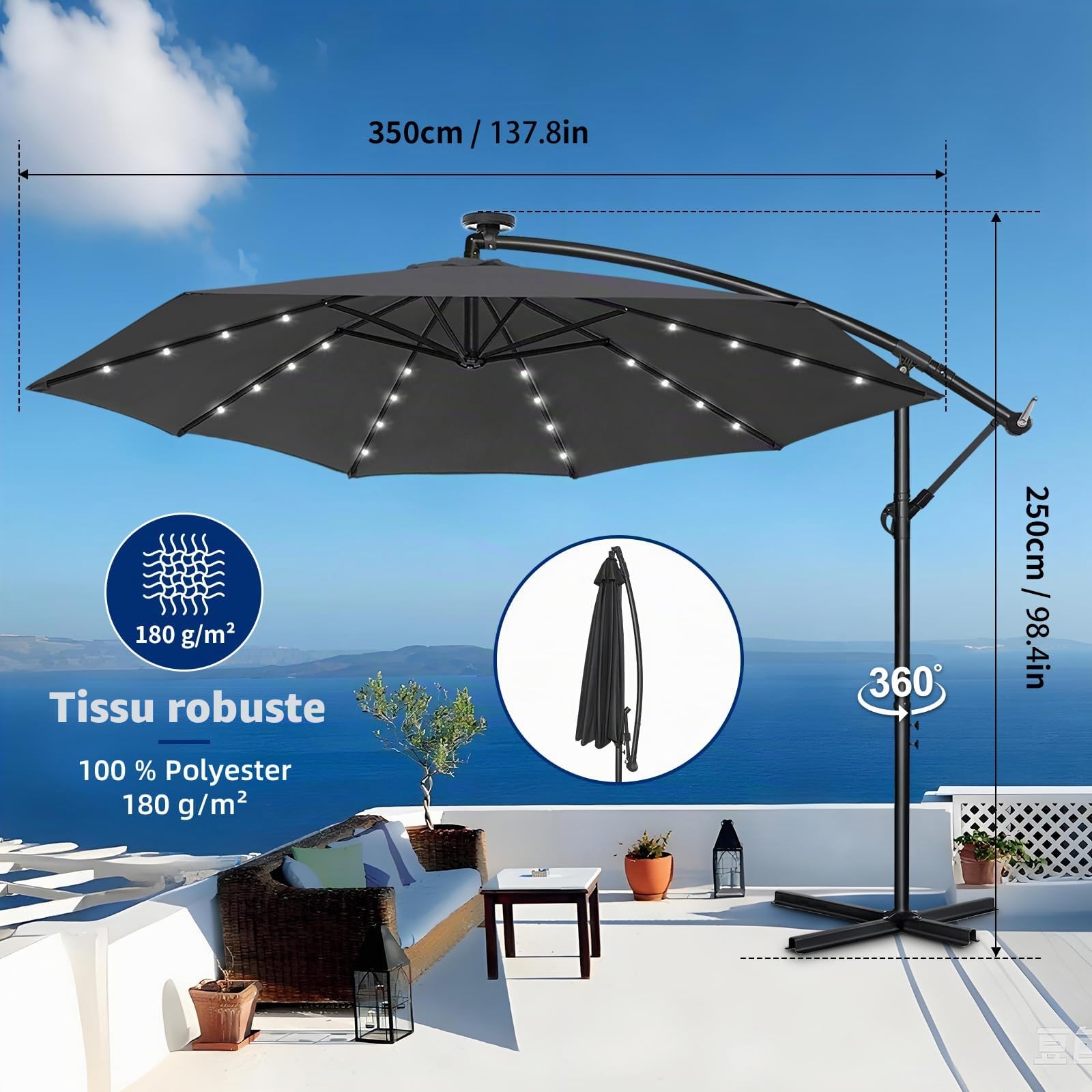 Parasol de Jardin Exterieur Déporté -Protection UV et Imperméable-Parasol Balcon avec Manivelle、Fonction 360°,Inclinable,Protection UV, Résistant au Vent, 8 Baleines en Acier