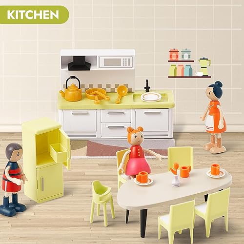 Miniatura 3 de Giant bean Juego de 37 piezas de muebles de plástico de madera verde para cocina y baño, accesorios modernos de casa de muñecas de madera, muebles