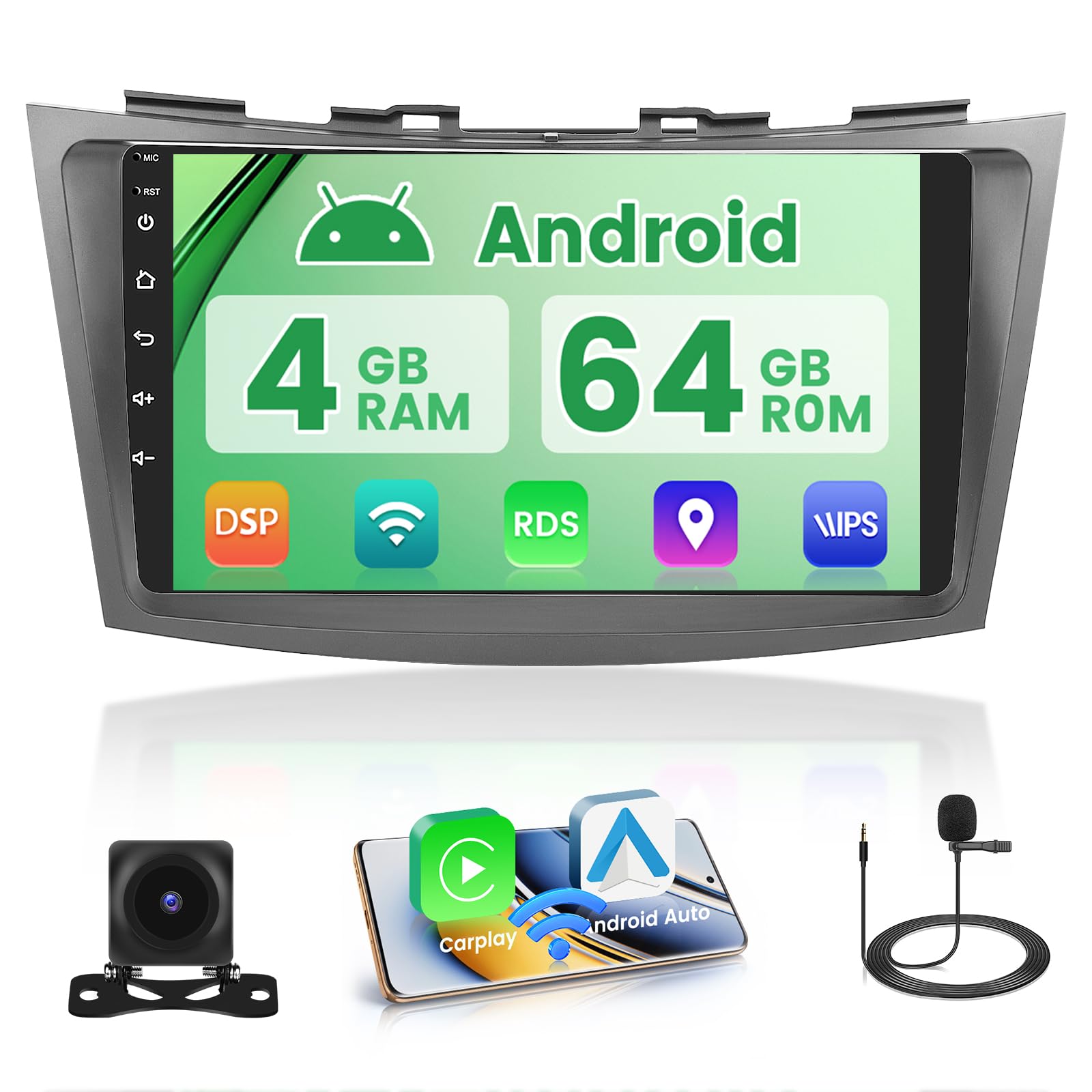 5G WiFi 4+64G Android Radio dla Suzuki Swift 2011-2017 Bezprzewodowe Carplay Android Auto, 9-calowy IPS Ekran z Nawigacją Bluetooth 5.0 FM/RDS SWC Kamera Cofania