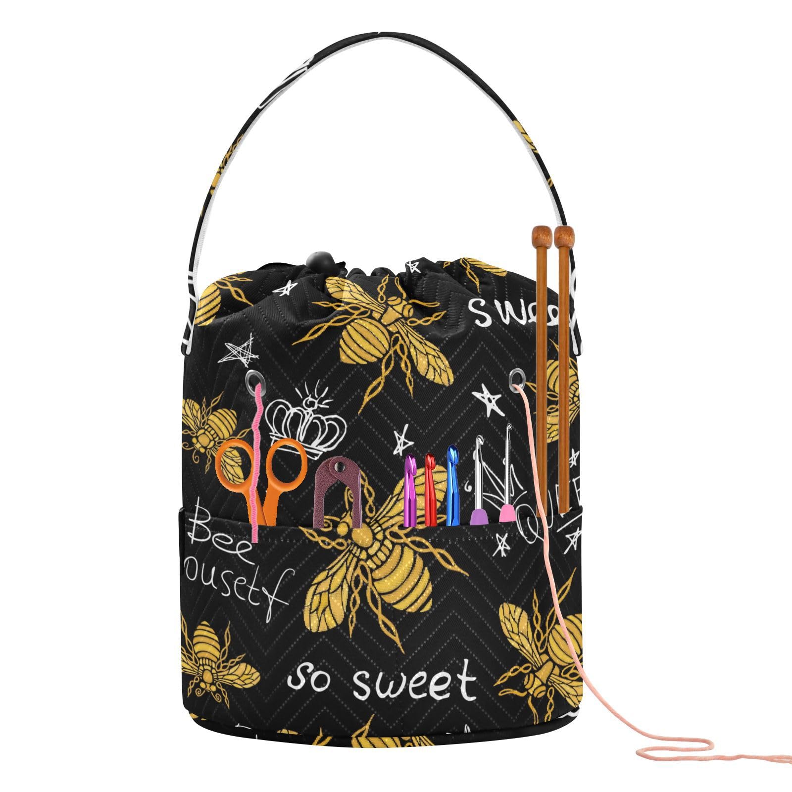 Fustylead Cute Bees And Colorful Flowers Large Yarn Storage Tote Basket, Knitting Crochet Drawstring Organizer Bag For Crocheting Project, Yarn Balls, Needles Accessories