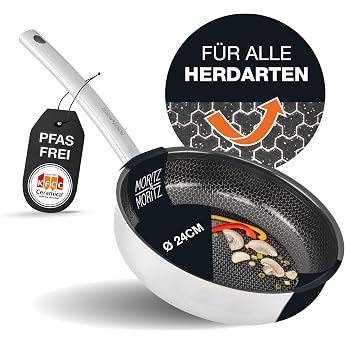 Moritz & Moritz Non-Stick Frying Pan 24 cm Induction Frying Pan 24 cm with Ceramic Coating and Honeycomb Structure Stainless Steel Pan with High Rim Ideal for All Hobs and for Cooking Frying Braising
