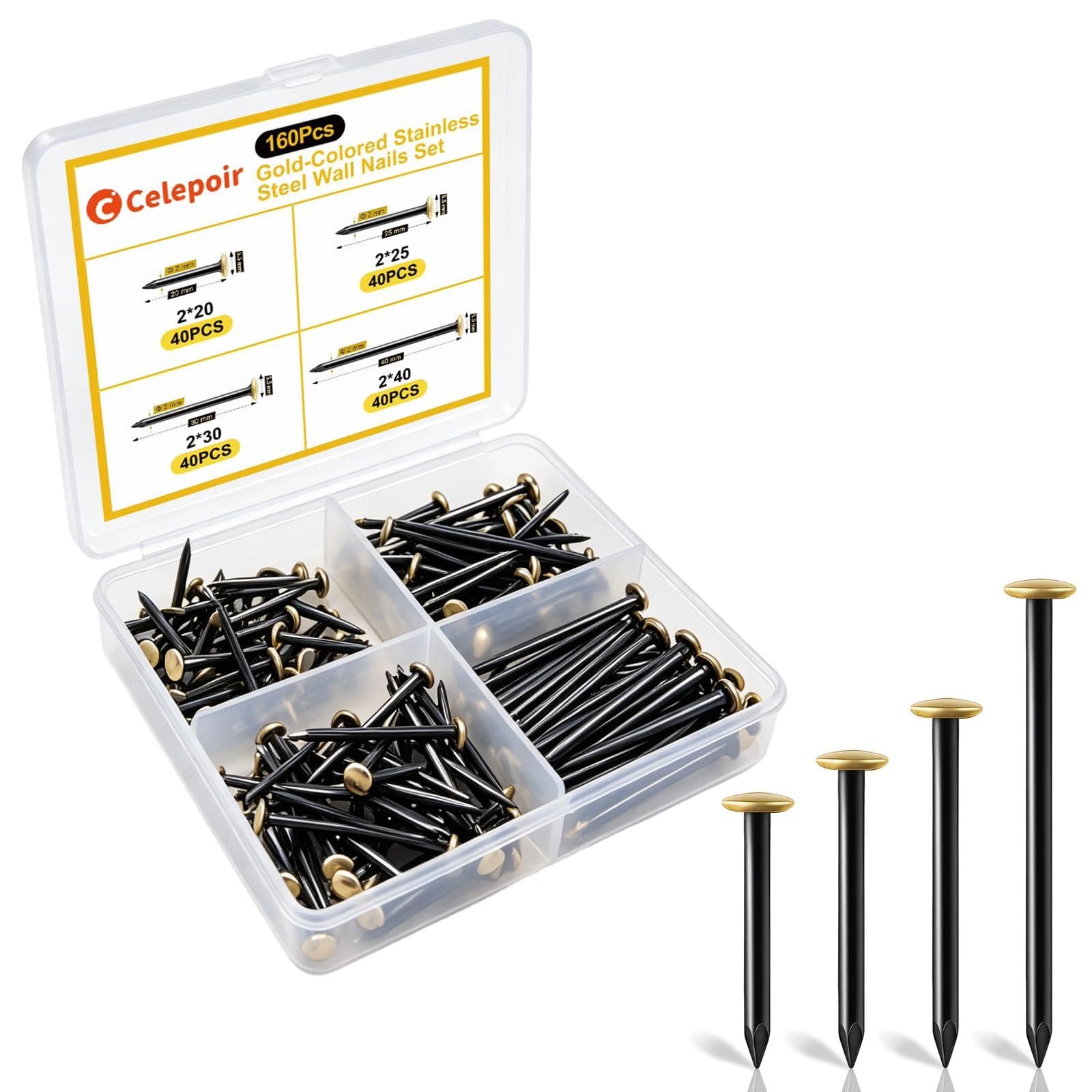 Celepoir 160 Pcs Steel Picture Hanging Nails Set, 20/25/30/40mm Nails for Picture Hanging, Golden Head Picture Nails for Concrete Walls Brick Plaster & Wood, for Hanging Pictures, Photo Frames & Art