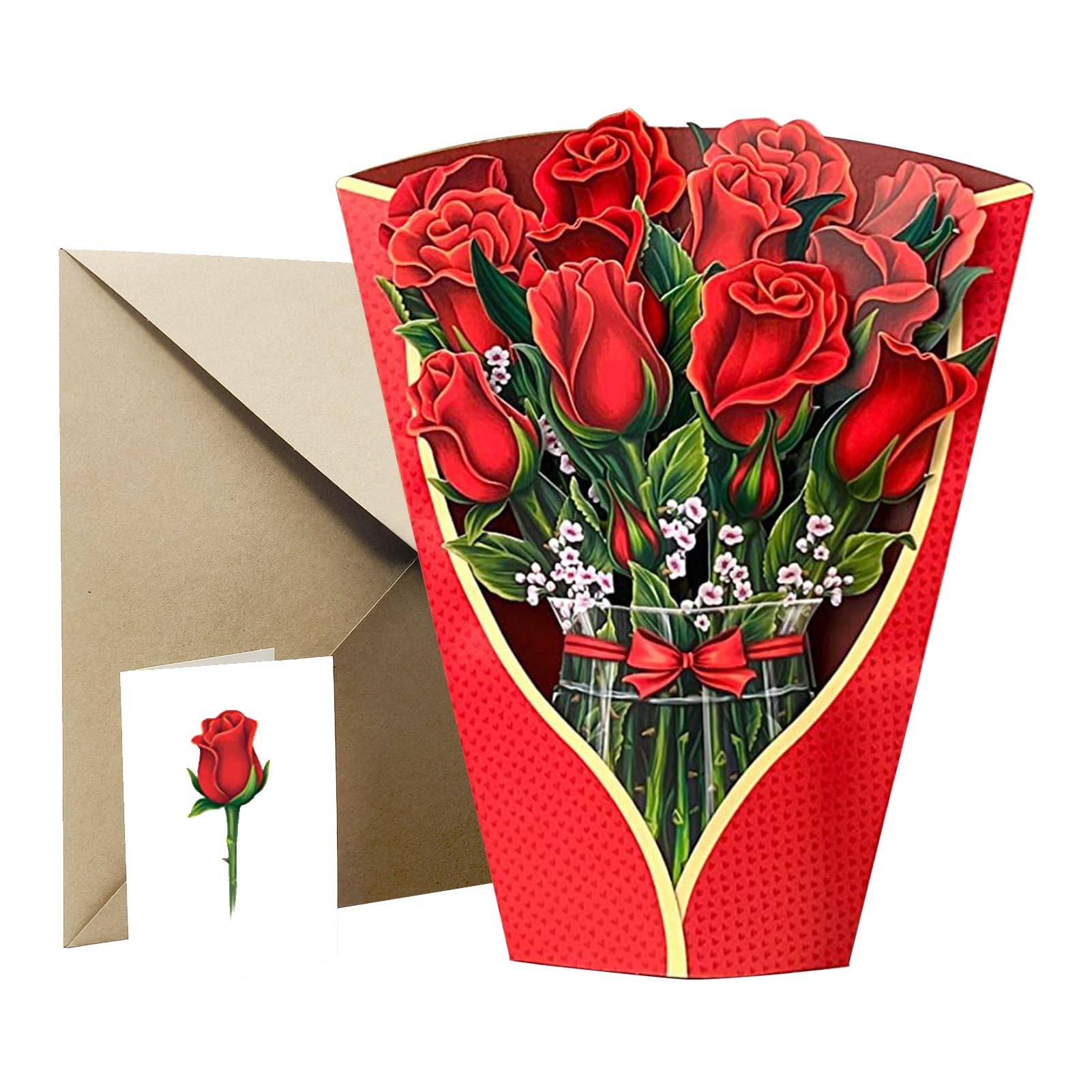 ZHDOKA Handmade Popup Flower Bouquet Greeting Card, 3D Paper Cactus Daisies Roses Lilies Pop Up Card with Blank Note Card and Envelope for Women Best Friends Mother Parents Birthday(Red Rose)