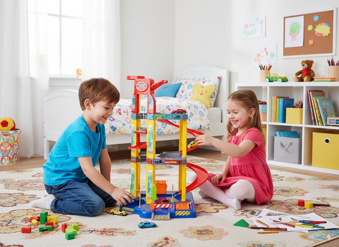 Teorema Giocattoli, Garage Macchine per Bambini, Grande Parcheggio Macchinine a 3 Piani con Ascensore, Rampa a Spirale, Autolavaggio e 4 Veicoli Inclusi, Auto per Bambini 3+ Anni