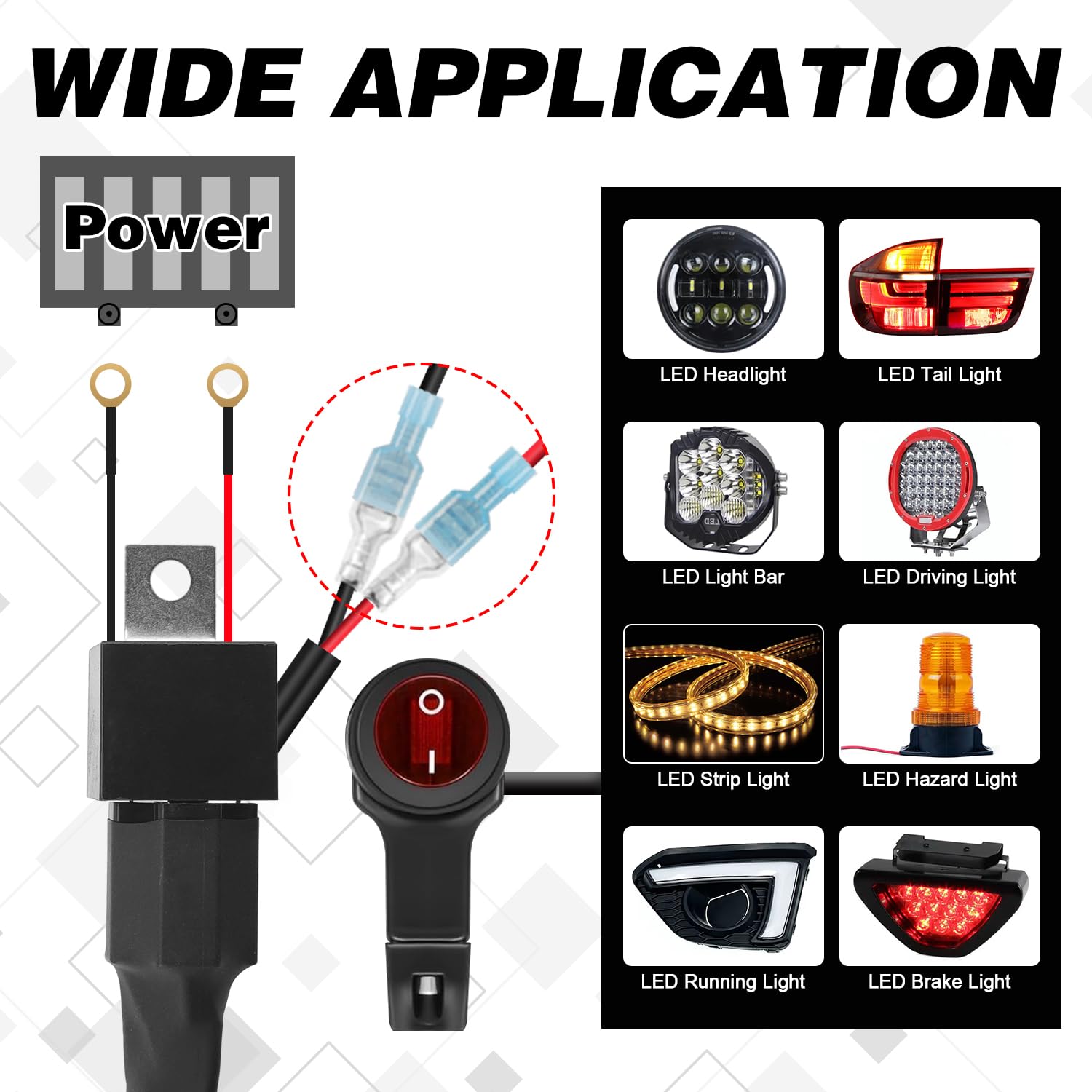 Erato Kit cablaggio luci LED per moto, 2 cavi, cablaggio in nylon, interruttore manubrio da 7/8", relè da 12V e 40A, fusibile in linea da 10A, 18 AWG per luci LED, luci ausiliarie
