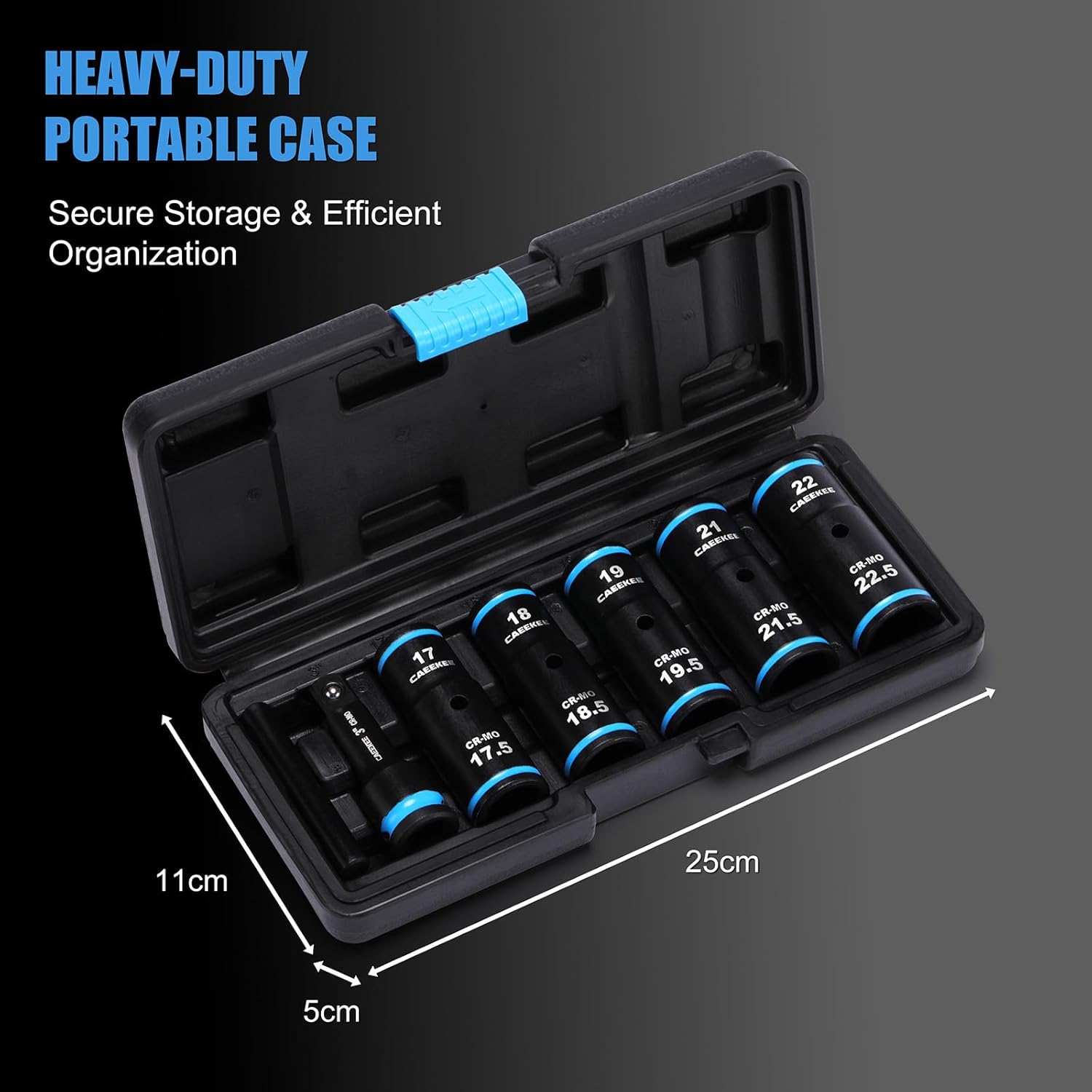 1/2" Drive Lug Nut Impact Socket Set, 7PCS Thin Wall Flip Socket Set, Half Size Metric Wheel Socket Set,17.5mm, 18.5mm, 19.5mm, 21.5mm, 22.5mm, 6 Point, CR-MO, 3" Extension Bar & Knockout Bar