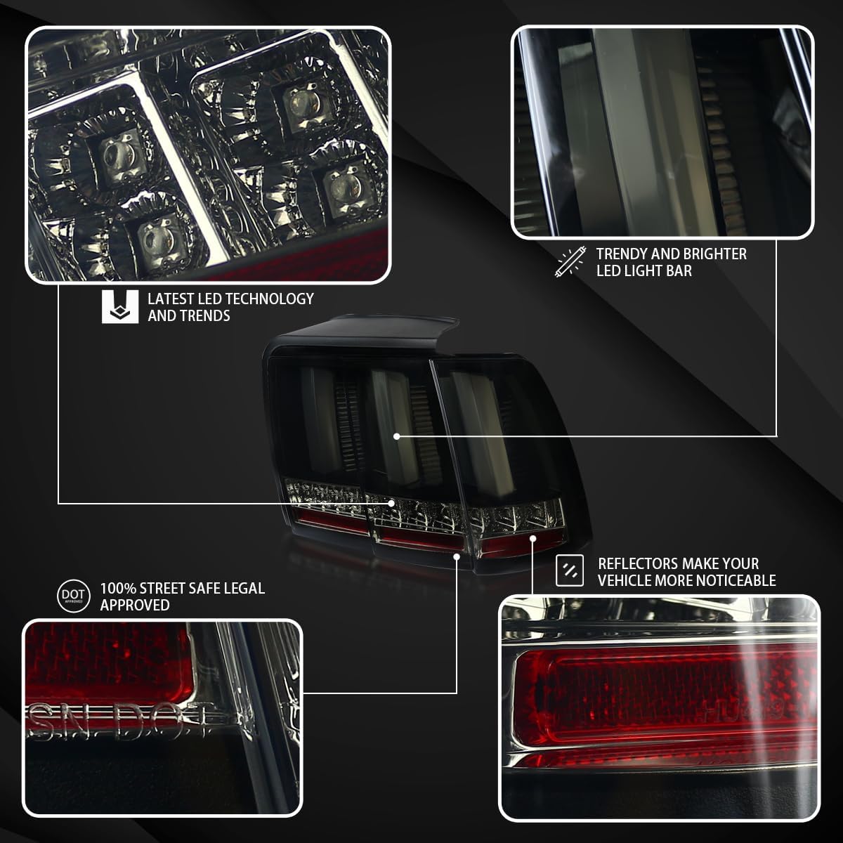 Autozensation Compatible with 1999-2004 Ford Mustang, Left + Right Pair Assembly, Glossy Black Smoke Sequential LED Bar Tail Lights