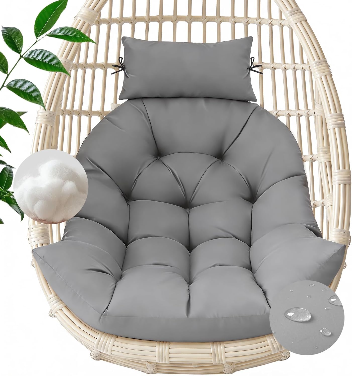 Egg Chair Cushion Replacement, Waterproof Outdoor Hanging Egg Swing Chair Cushions Pads with Headrest, 47x31x5 Inches (Gray)