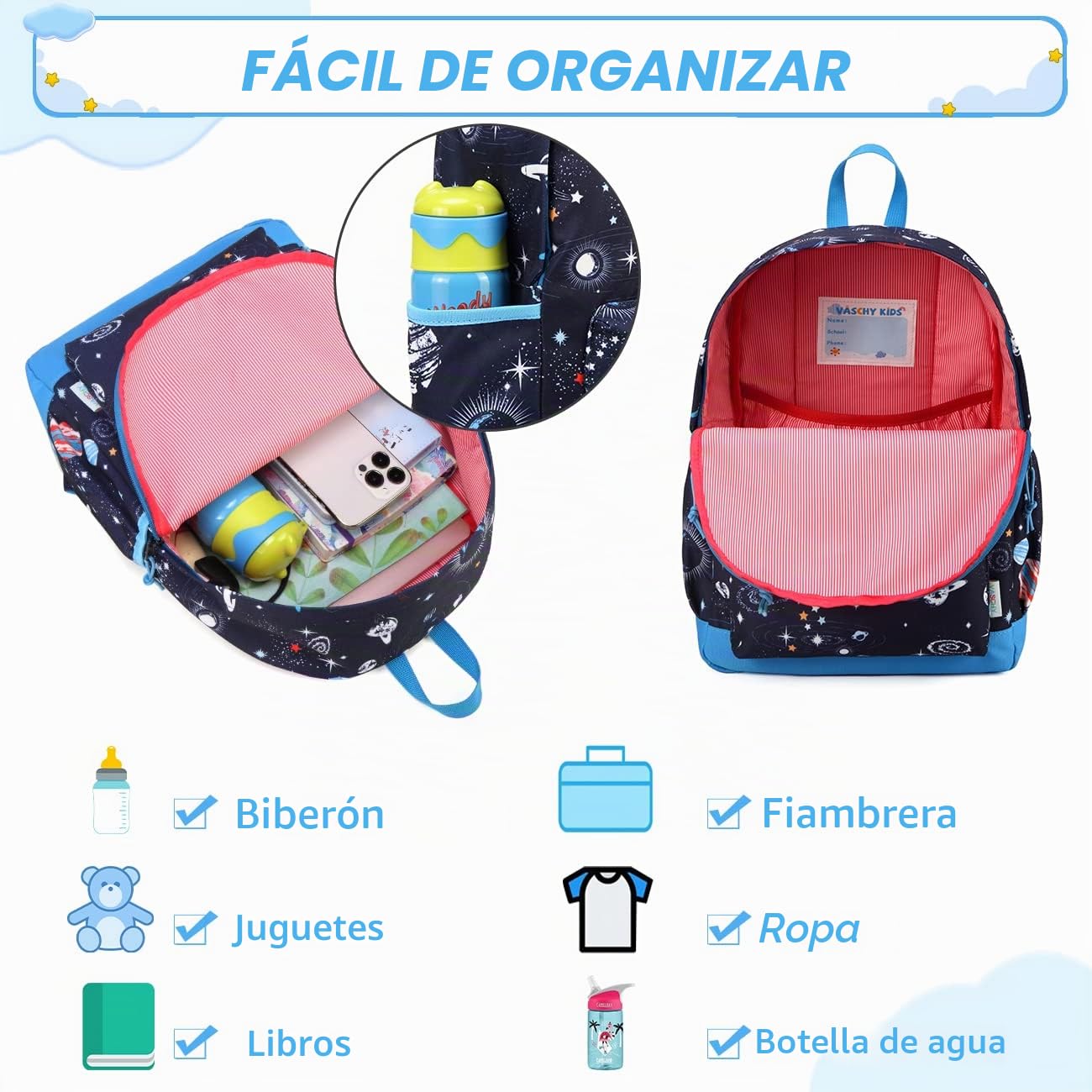VASCHY Mochila Niña,Mochila Infantil 4-6 Años para Escolar Ajustar Carpeta A4 con Bolsillos Laterales y Correa en Pecho