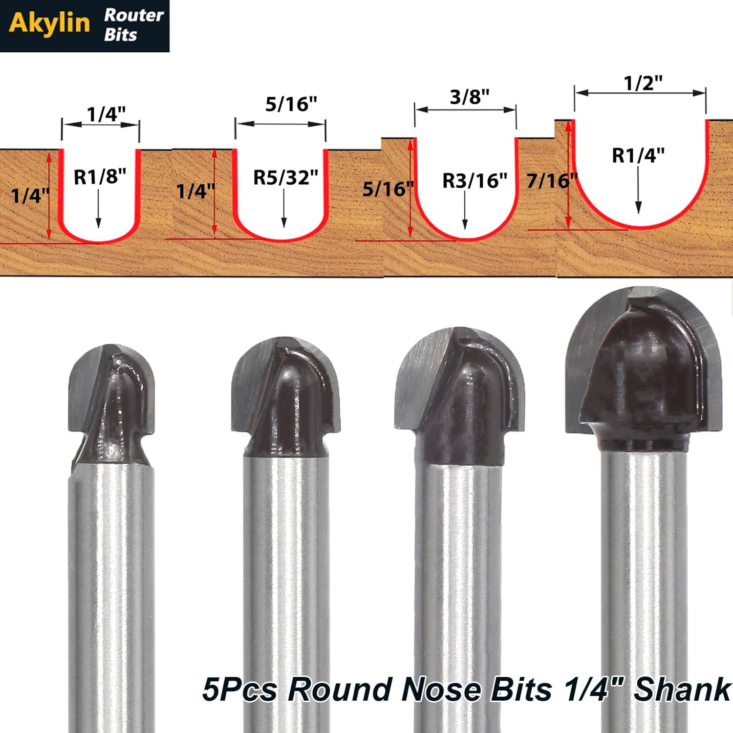 4Pcs Core Box Router Bit Set,1/4 Shank Radius 1/8",5/32",3/16",1/4",Half Round Groove Router Bit,Round Nose Bis,Double Edging Cove Bits for Wood Grooving