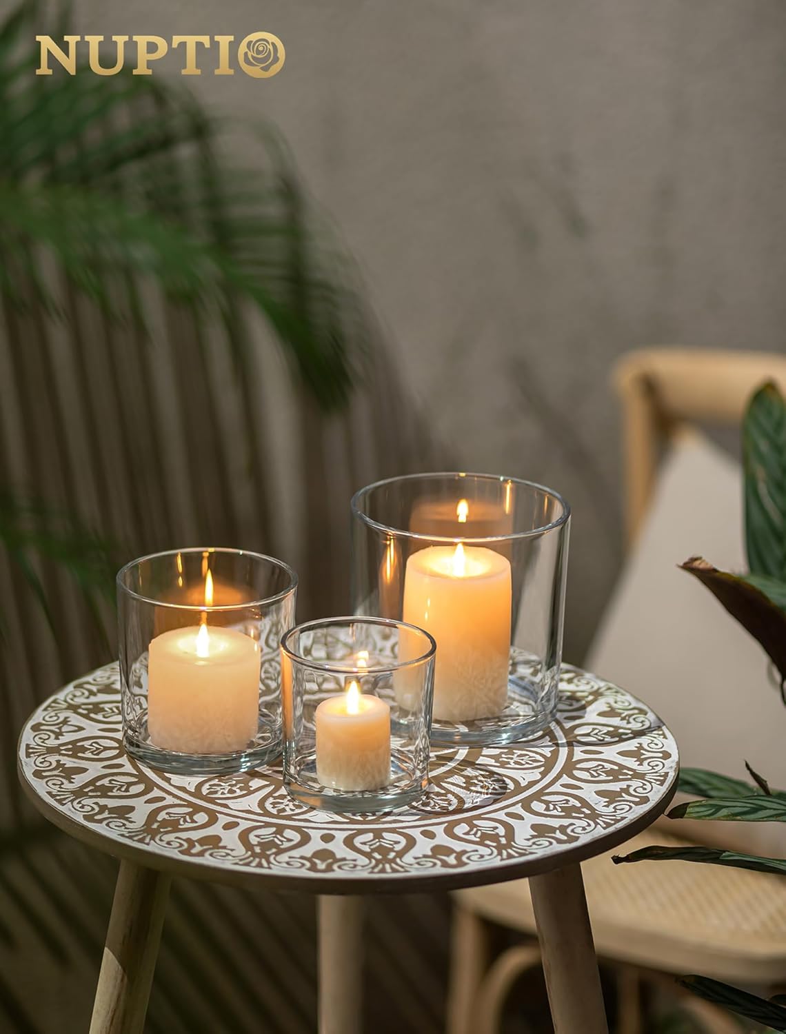 NUPTIO Hurricane Glass Candle Holders: Set of 3 Thick Glass Pillar Candle Holder - Clear Vases for Wedding Table Centerpieces Decor - Image 4