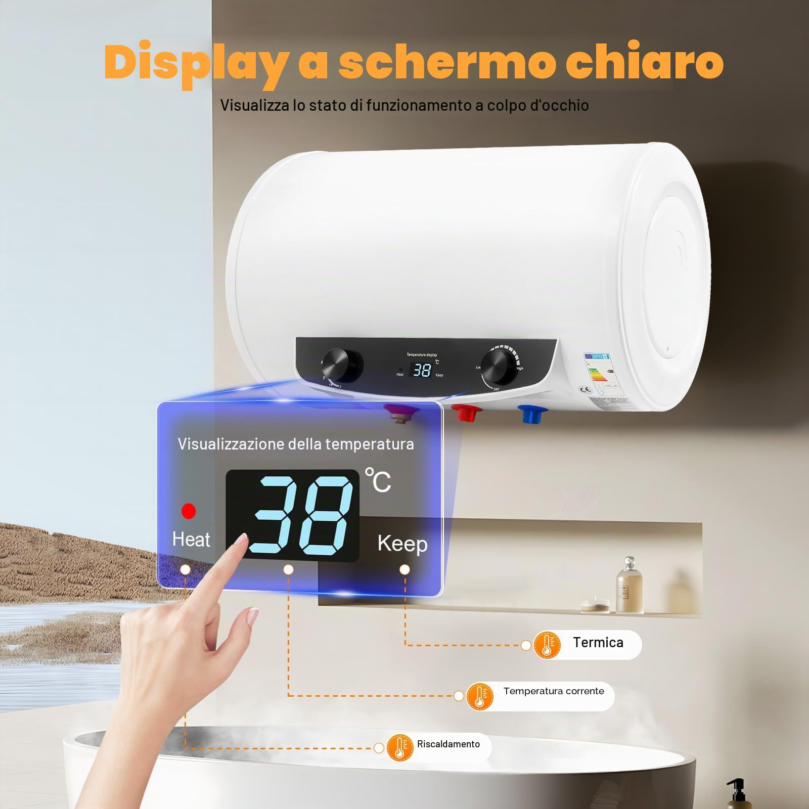 220V Scaldabagno compatto per cucina 2000W scaldacqua elettrico con serbatoio e display digitale con soffione per cucine, bagni, saloni di bellezza 35L 34 * 56cm