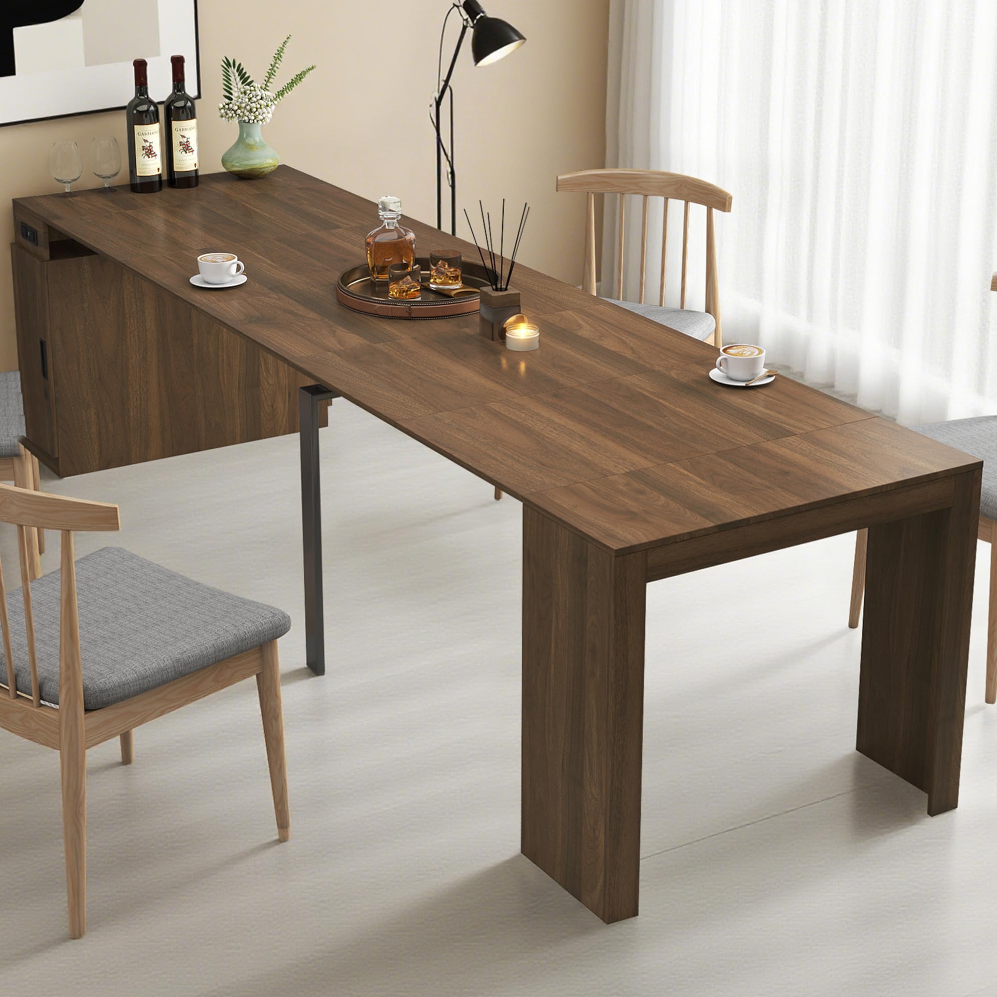 Photo 1 of ***PARTIAL SET - PRICE ADJUSTED***
BAYYELL 21''- 98.43'' Extendable Dining Room Table, Expandable Dining Table, Modern Large Table, for 2-9 Person(with Shelf), Walnut Brown