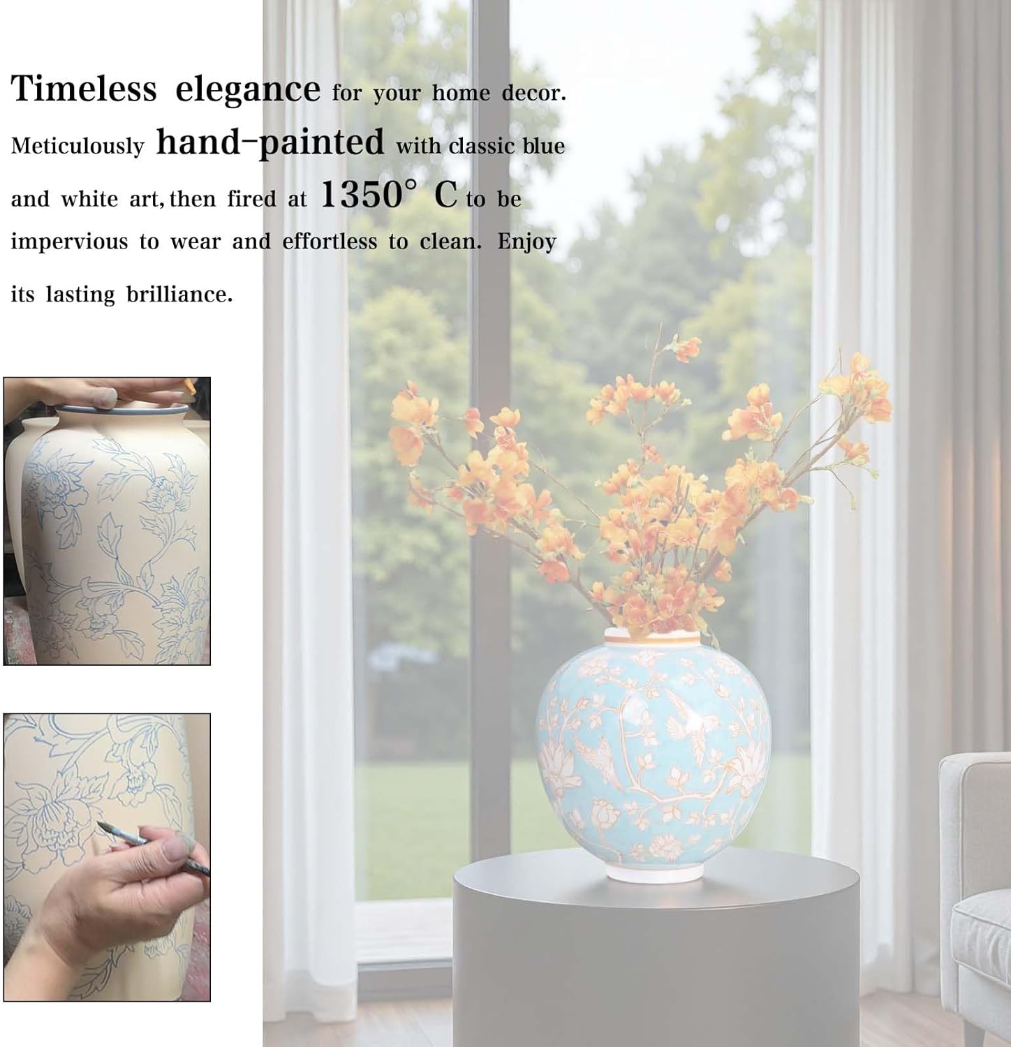Blue and White Chinoiserie Ceramic Vase, 10.8 Inch Hand Painted Flower & Bird Art Decor Round Vase Antique Floral Vase for Living Room, Farmhouse, Table Centerpiece