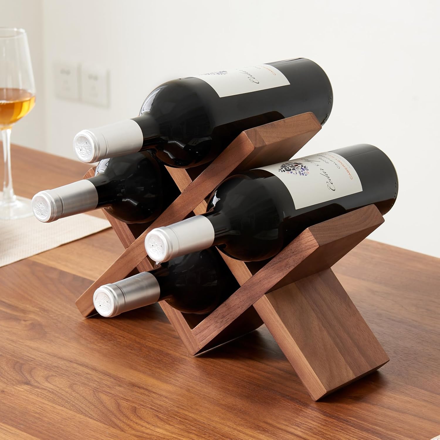 Solid Oak Wine Rack Countertop, 4 Bottle Tabletop Wine Holder - No Assembly Free Standing Wood Display for Kitchen, Bar, Office, Living Room | Walnut