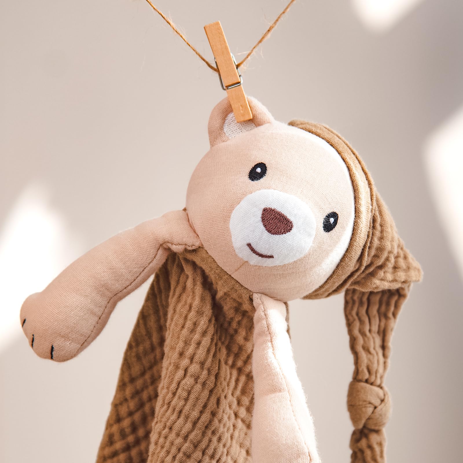 lulumoon Security Blanket: Muslin Lovey for Babies Travel & Daycare - Skin-Friendly Snuggle Companion for Self-Soothe (Bear-Brown) - 4