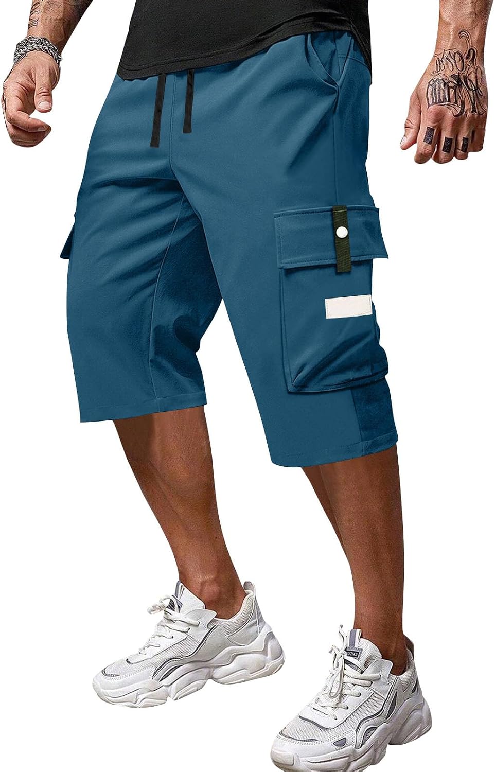 Men's Knee Length Cargo Shorts Elastic Waist Streetwear Shorts with Large Cargo Pockets & Drawstring
