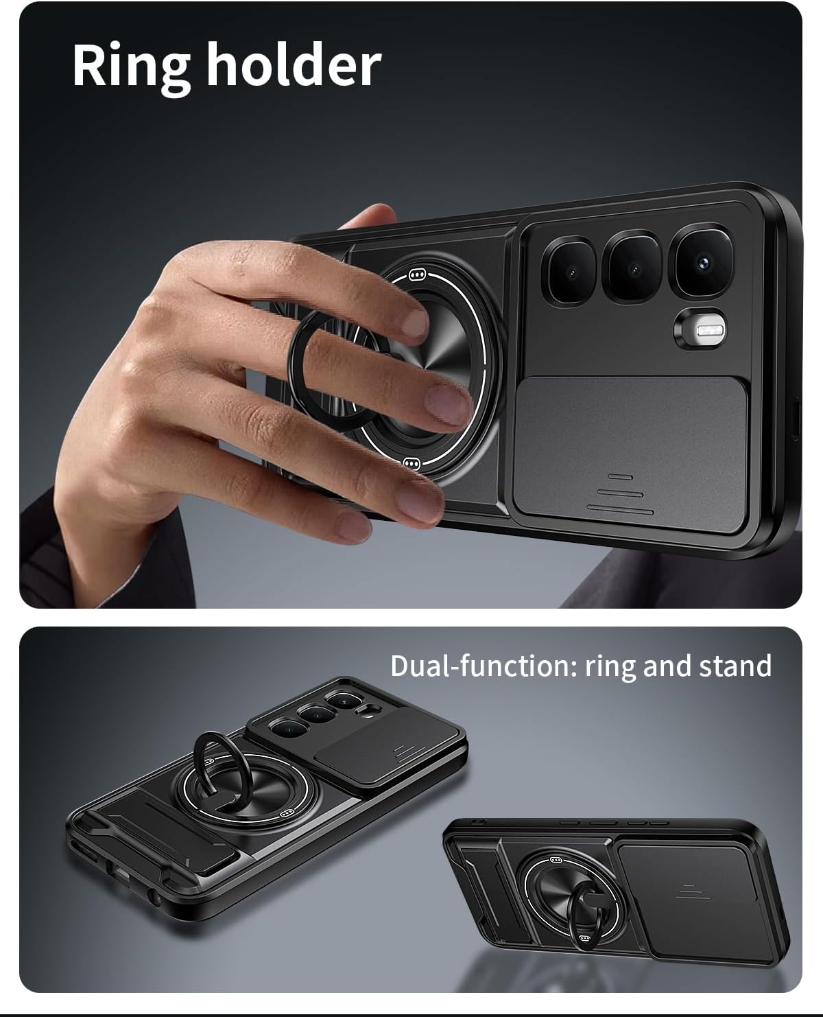 Compatible with Infinix Hot 60 Pro 4G Case [with 1*Screen Protector][2-in-1 Slide Camera Cover, Magnetic Kickstand Design][Shockproof Phone Case] Black