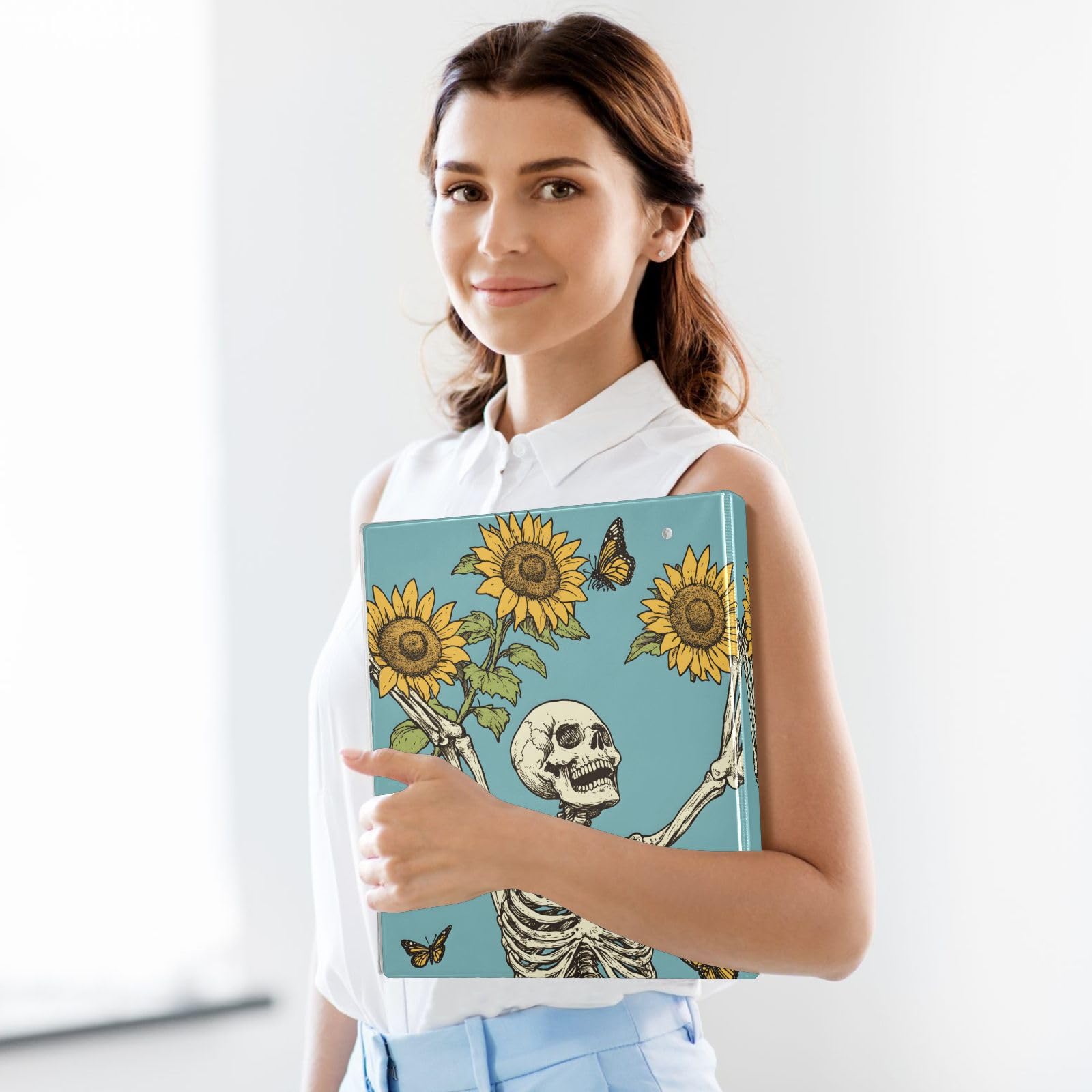 Confezione da 2 raccoglitori a 3 anelli, con teschio, girasoli, farfalla, 3,8 cm, con 3 tasche trasparenti, portablocco e contiene 200 fogli, per ufficio, scuola, organizzazione domestica