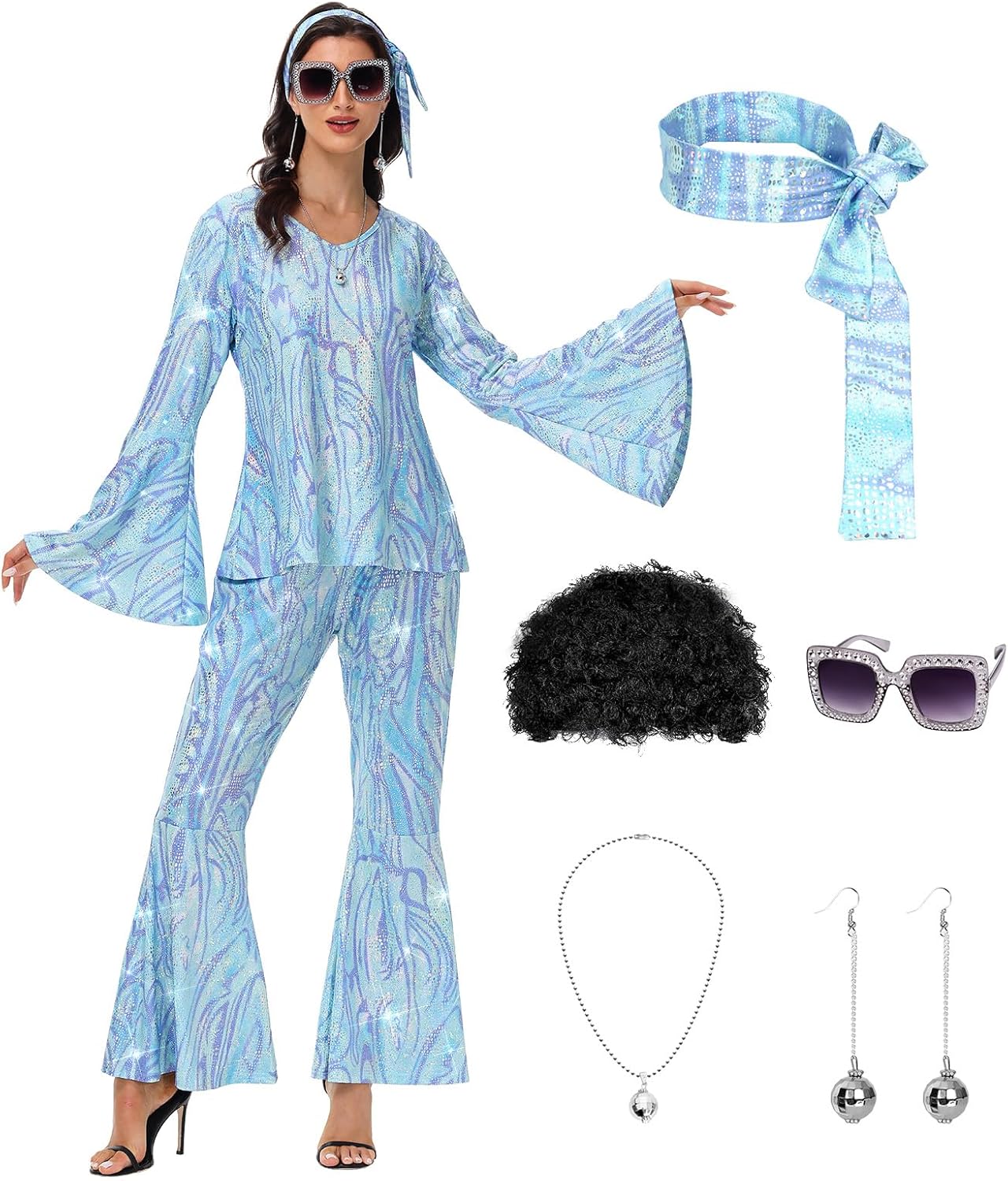 70s Disco Costume for Women - 1970s Disco Outfit with Wig, Earrings, glasses, Necklace, Headband, Sequin Top & Bell Bottoms