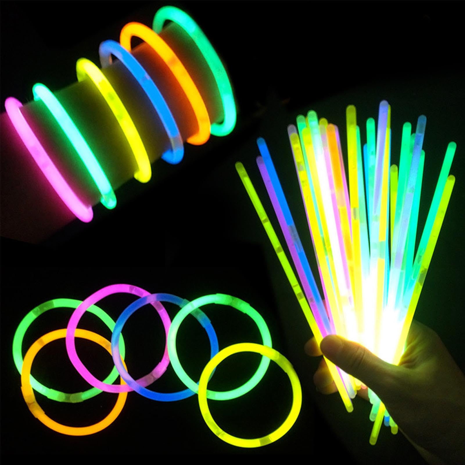 AUTUUCKEE Juego de 200 barras luminosas, longitud de 20 cm, pulseras brillantes de neón, juego con conectores para decoración de fiestas, bodas, Nochevieja, fuegos artificiales (aleatorio)