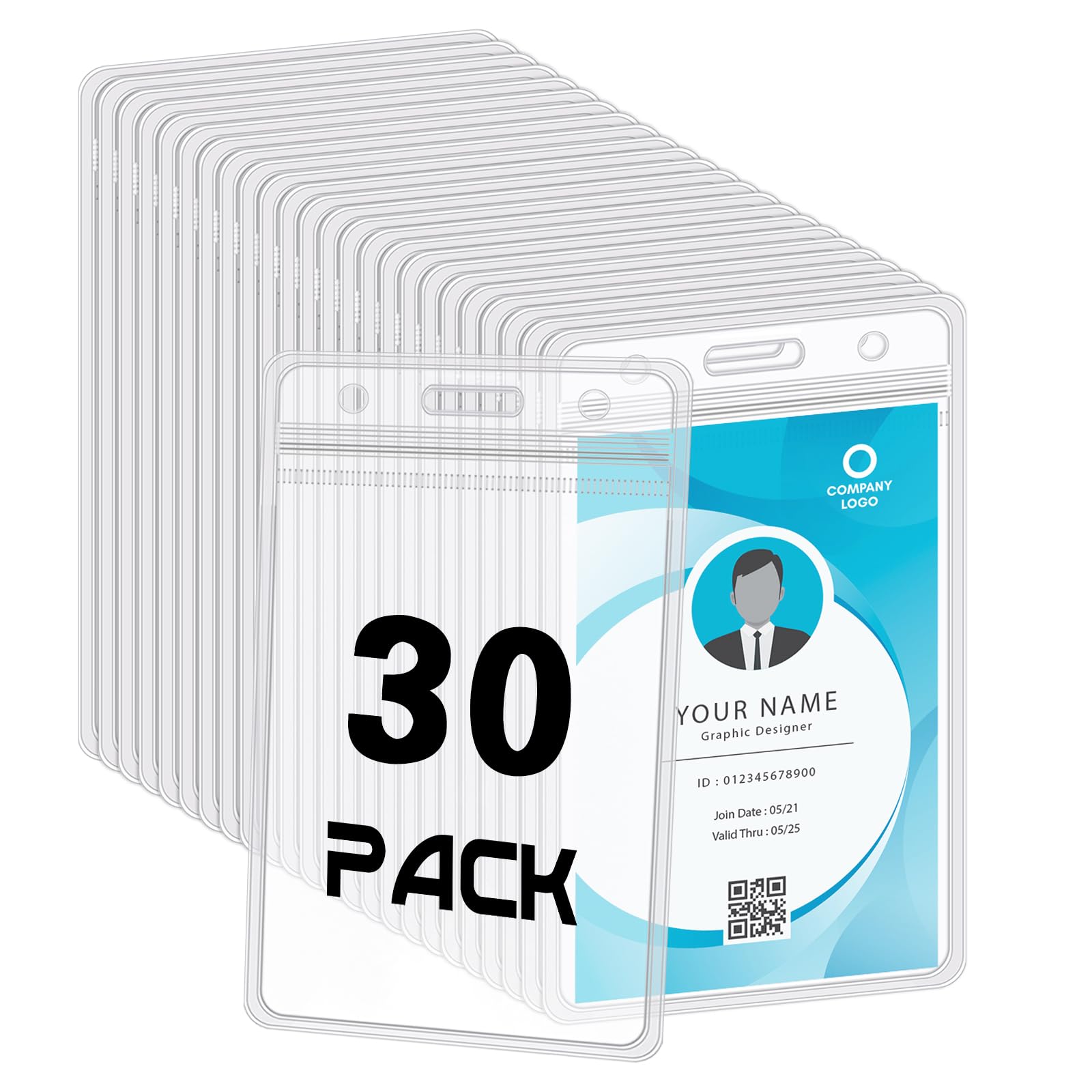 BESARME 30 Pack Vertical ID Badge Holders Clear Plastic Waterproof Card Holder Resealable for Office Worker Teacher