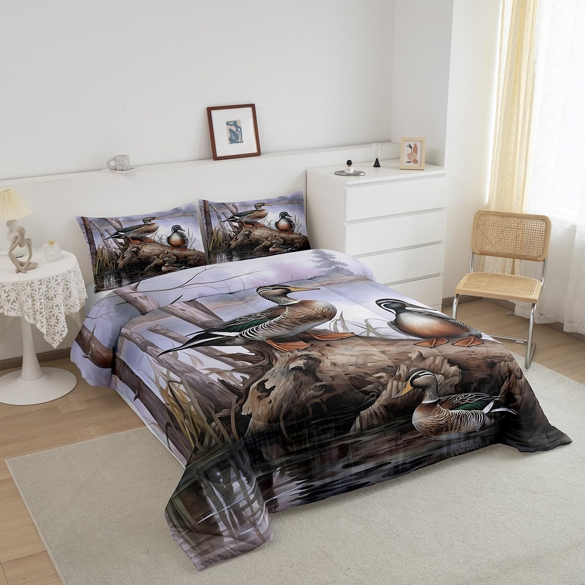 Feelyou Duck Hunting Comforter Set for Girls Boys Children Mallard Ducks Comforter Hunting and Fishing Bedding Set Lodge Cabin Farmhouse Duvet Set Queen Size Durable Quilt Set 3Pcs