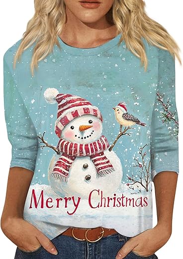 Women’s Merry Christmas Snowman Top – Cute Holiday Graphic Long Sleeve Shirt, Loose Fit Winter Casual Tee, Festive Gift for Her