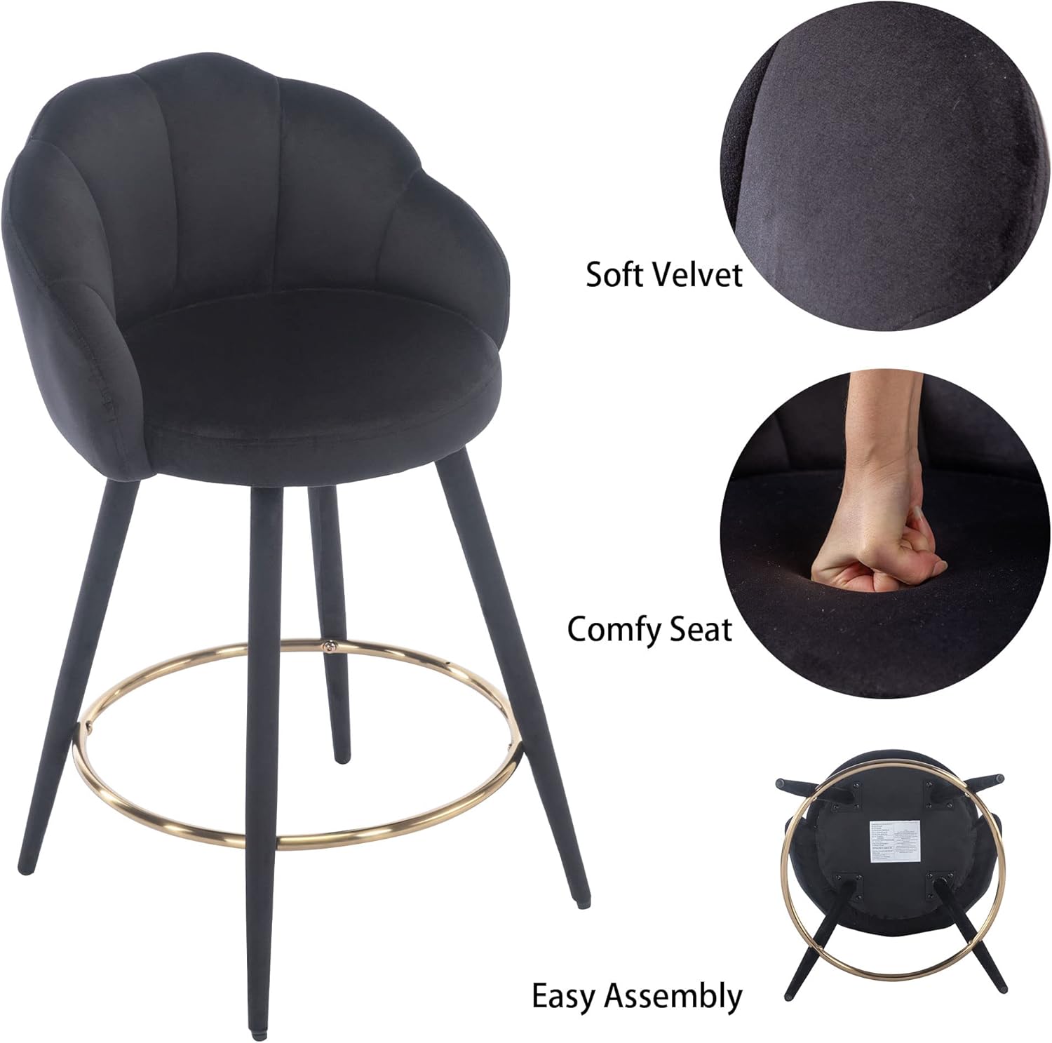 25.5 Inches Bar Stools Set of 4 Modern Velvet Barstools with Back Comfy Bar Height Chairs for Kitchen Island/Home Bar/Restaurant, Black