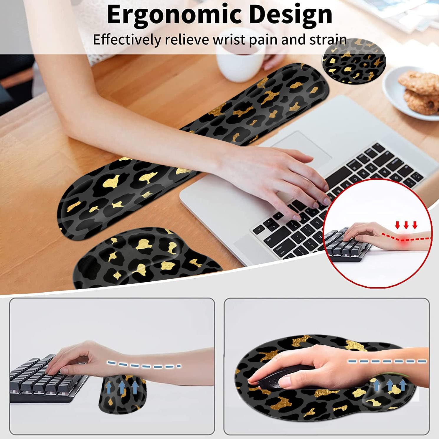 Ergonomic Gel Mouse Pad Wrist Support + Memory Foam Keyboard Wrist Rest for Home Office Gaming Desk Pad,Easy Typing Pain Relief Hand Rest Pad,Cute Round Desk Mat Gold Leopard Pattern Black Mousepads