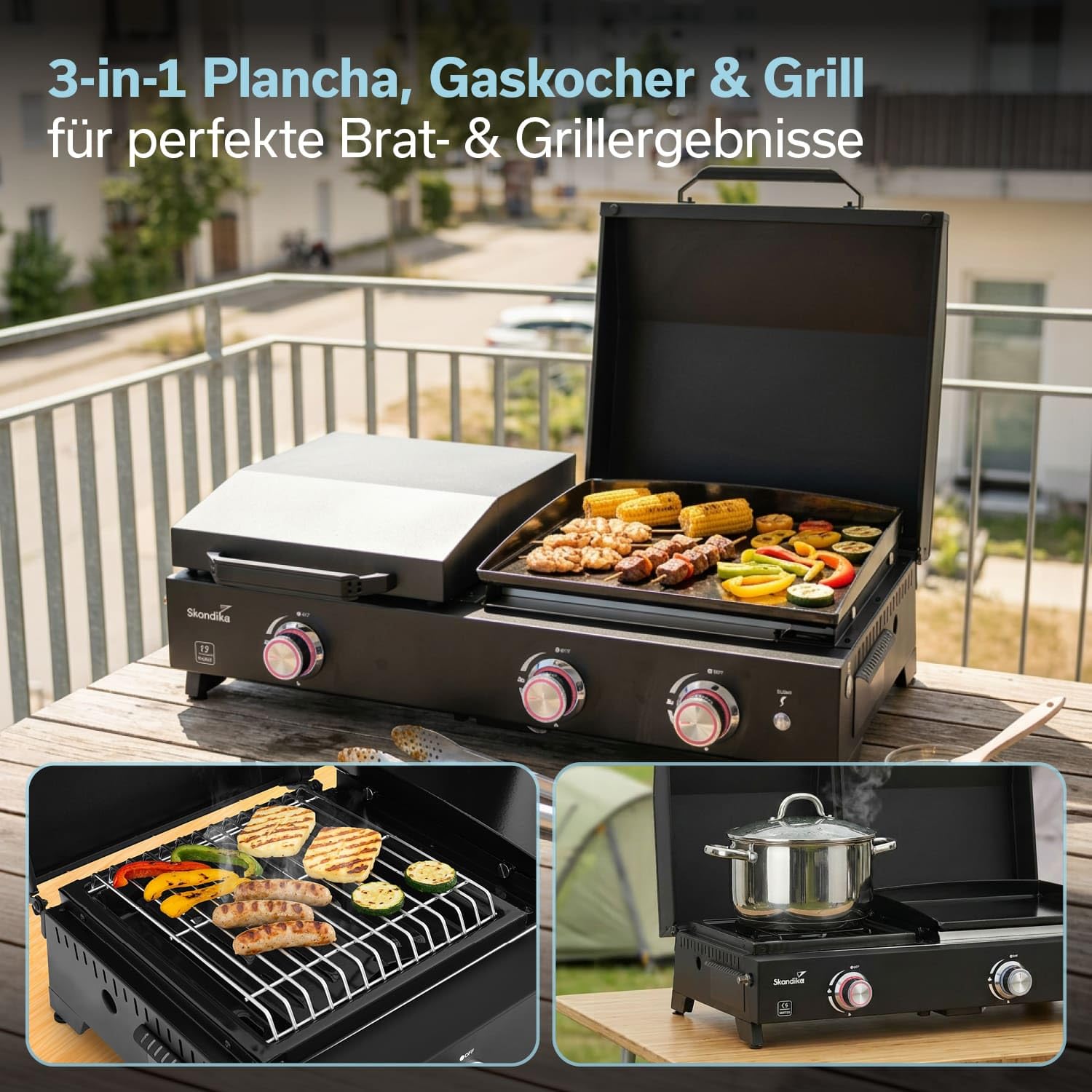 Skandika Plancha Grill Eldur 3-Brenner Plus | Grillplatte mit Deckel, 3 Brenner, tragbarer Gasgrill mit Kochplatte, Outdoor, Camping | Gasplancha, Grillplancha, Gasbräter, Balkongrill, Tischgrill