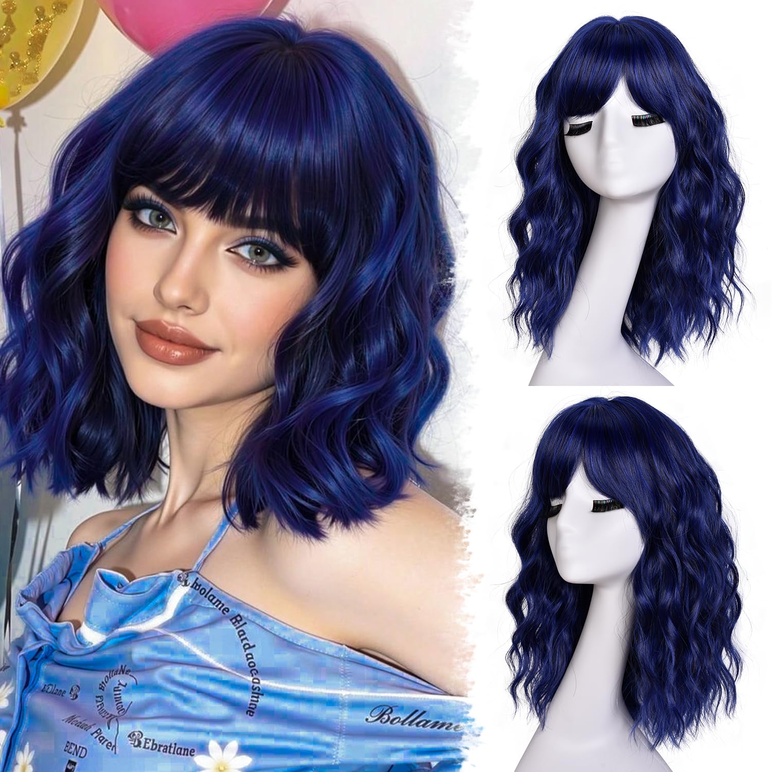 RunM Short Curly Afro Wig With Bangs for Black Women Kinky Curly Hair Wig (1B mixed Blue)