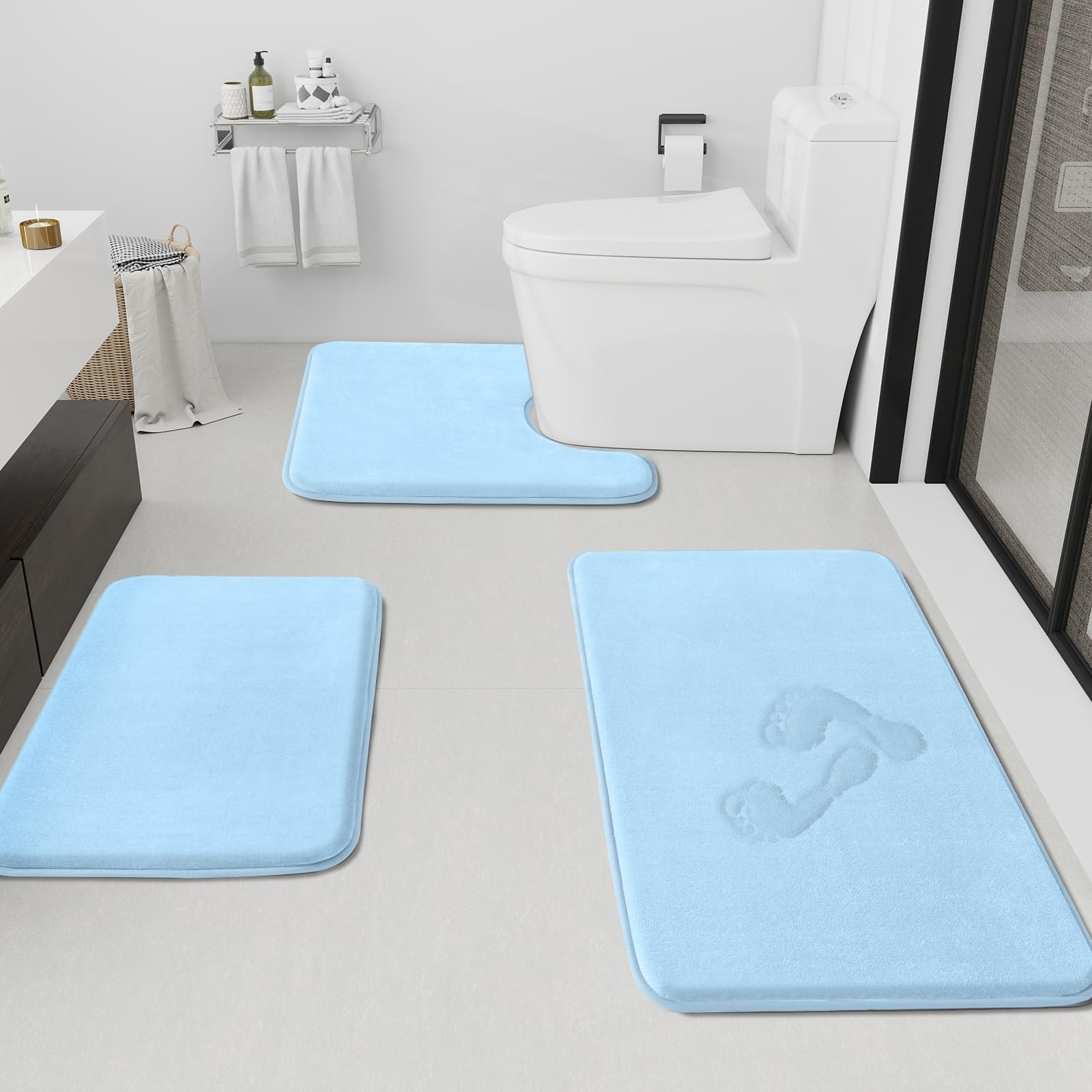 HUXMEYSON Light Blue Memory Foam Bath Rug Set
