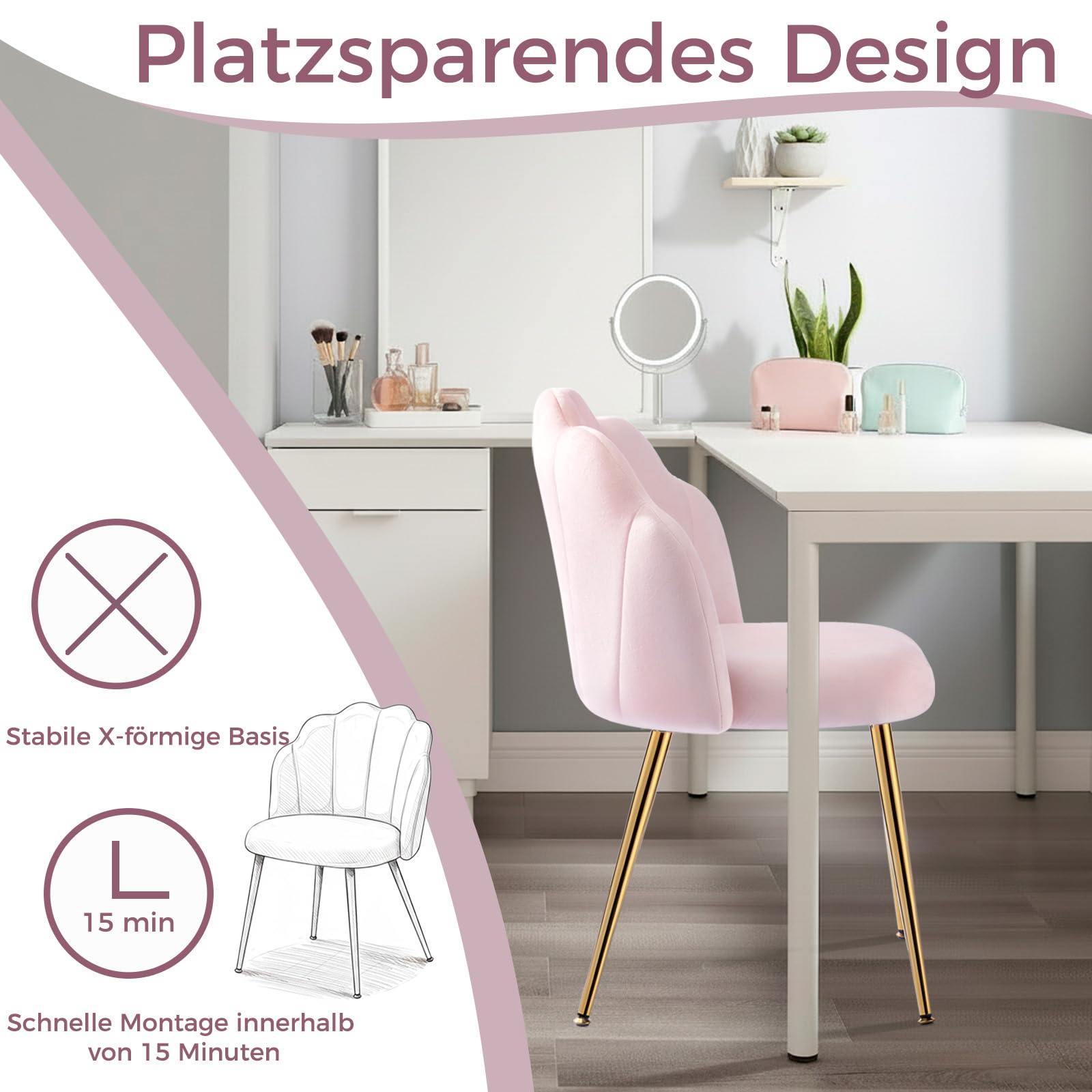 Schminkstuhl Rosa mit Goldbeinen – Schminktisch Stuhl Glamouröser Muschel Sessel | Vanity Chair Pink | Polsterstuhl für Schlafzimmer, Mädchenzimmer – Aesthetic Decor