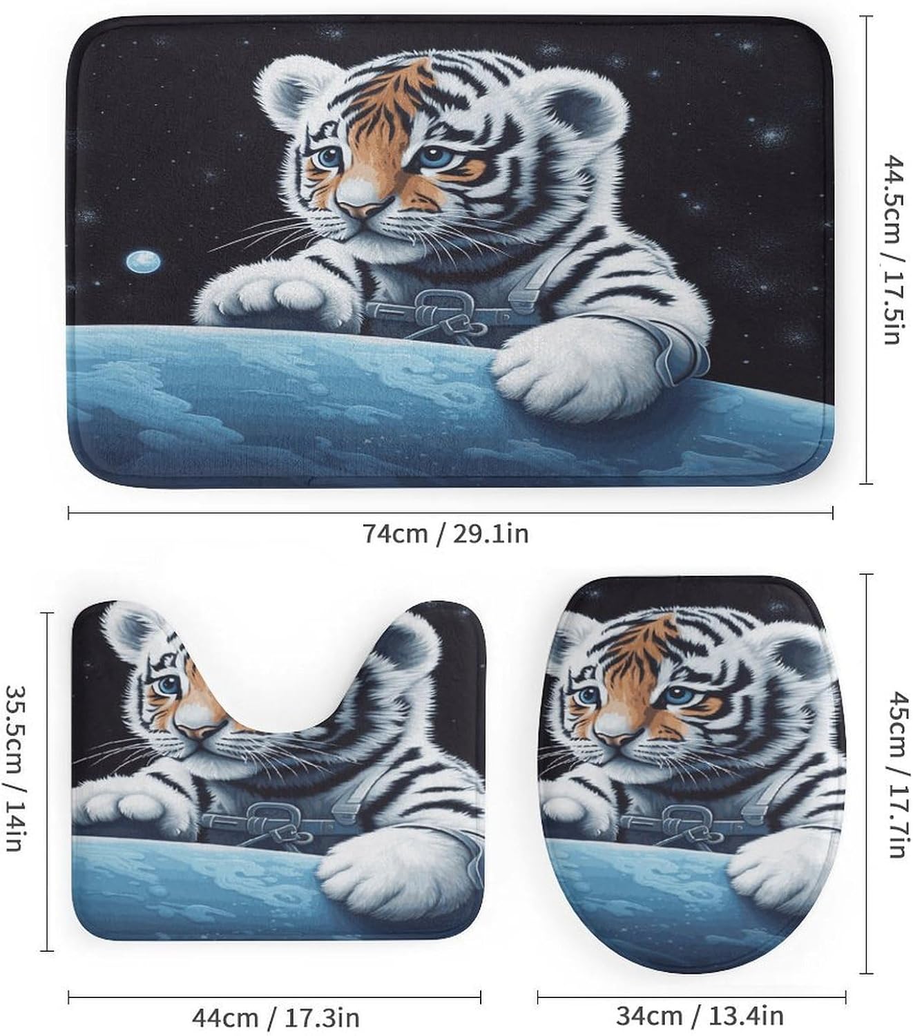 Little Tiger in Space Bath Rug Set 4 Piece,Bathroom Accessories Set-Toilet Rugs U Shaped,Toilet Lid Cover,Shower Curtain and Rugs,Ultra Soft, Absorbent,Home Decor