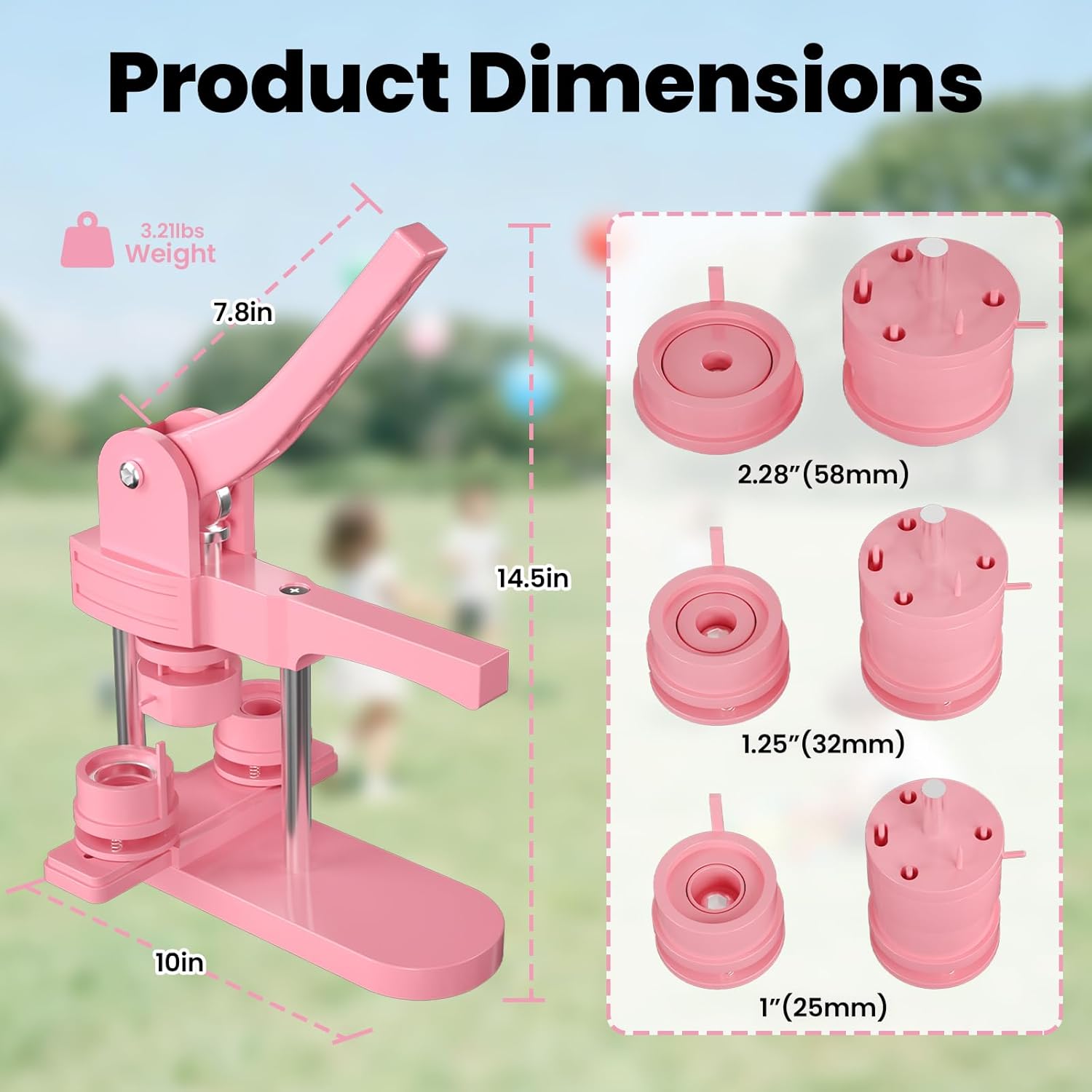 1+1.25+2.25 inch Multiple Sizes Button Maker Machine, 300 Buttons, 30 Fridge Magnets, 10 Bottle Openers, 10 Keyrings, 3 Circle Cutters, Button Badge Press Machine (Pink, 353 Pcs)