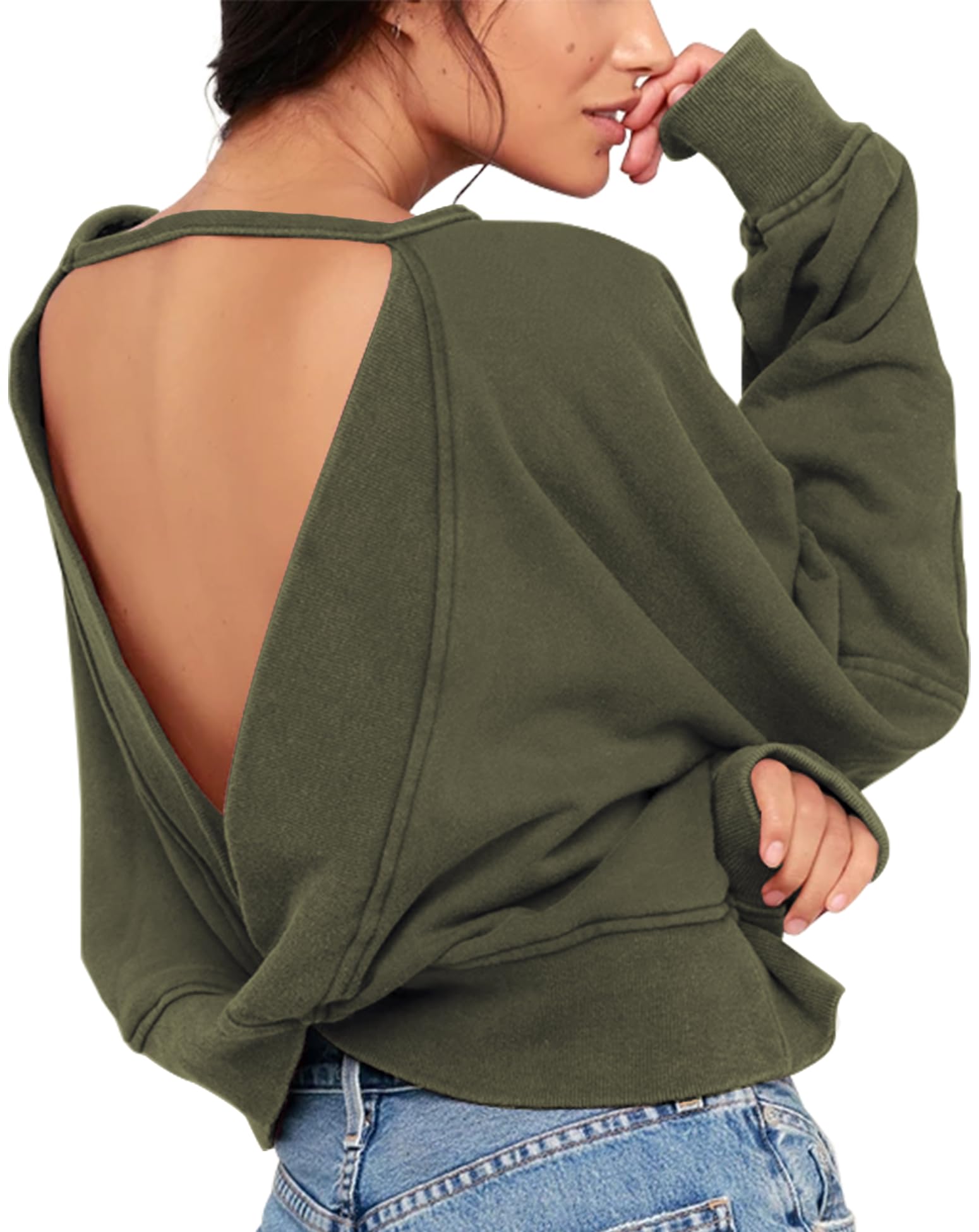 ReachMe Womens Open Back Sweatshirts Crop Backless Long Sleeve Shirts Off The Shoulder Crewneck Workout Tops