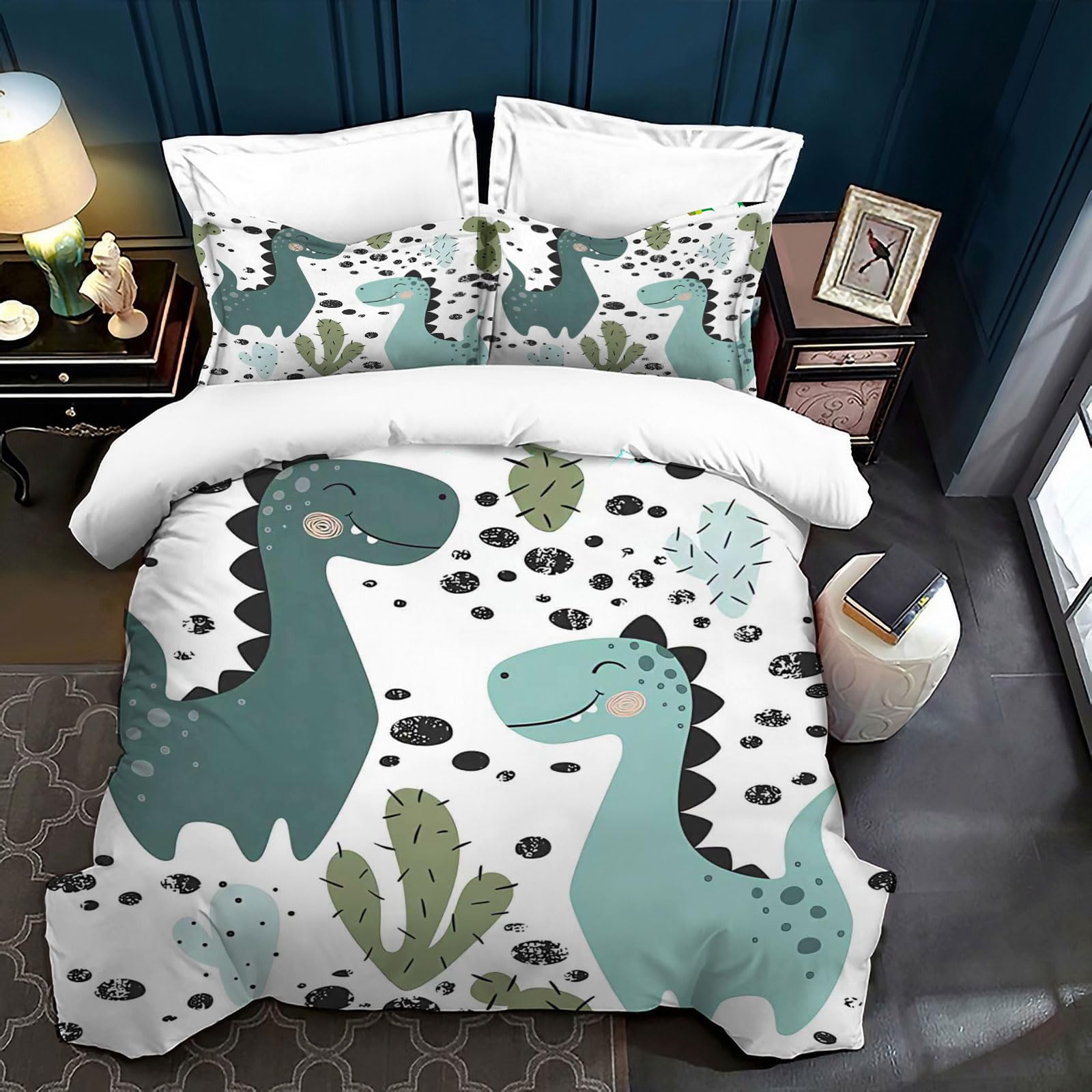 Ropa de cama infantil con estampado de dinosaurios, linda caricatura colorida con estampado de dinosaurios, juego de cama decorativo juguetón para niños y niñas (C, 135 x 200 cm)
