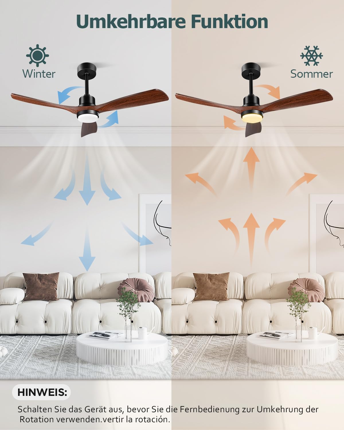 Ventilador de Techo con Luz y Mando a Distancia 132cm, Marrón