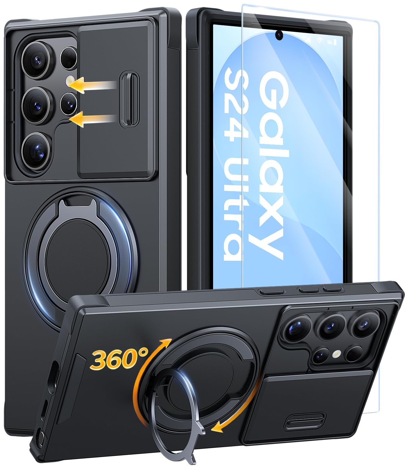 JAME for Samsung Galaxy S24 Ultra Case with Ring Stand & Slide Camera Cover Galaxy S24 Ultra Black