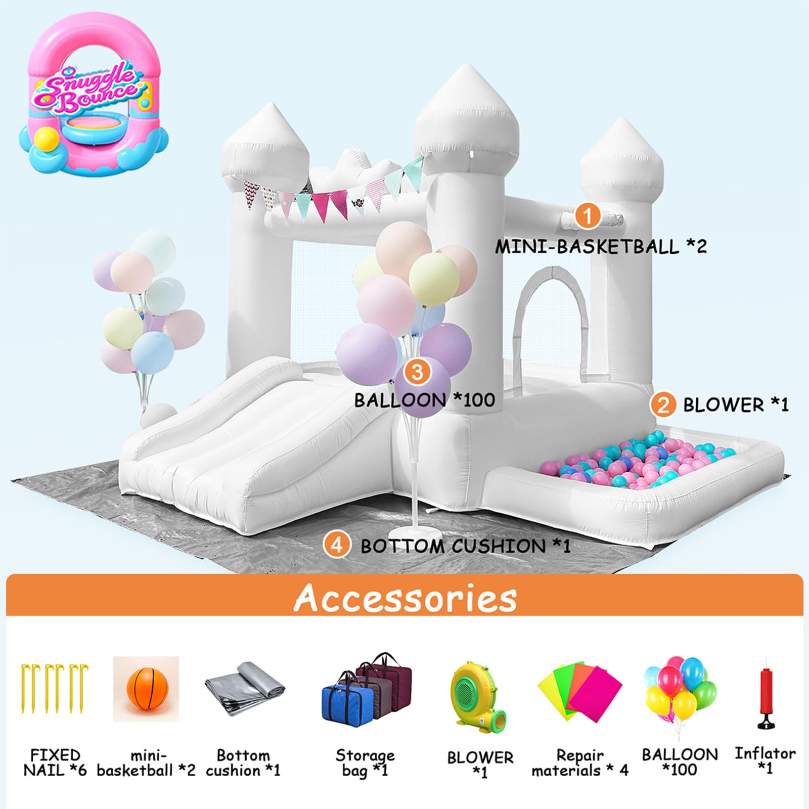 Casa hinchable blanca de 2,7 m, casa hinchable para niños pequeños de 3 a 6 años, regalo de fiesta con soplador, saltarín blanco, castillo hinchable, decoraciones de boda para jugar al aire libre en