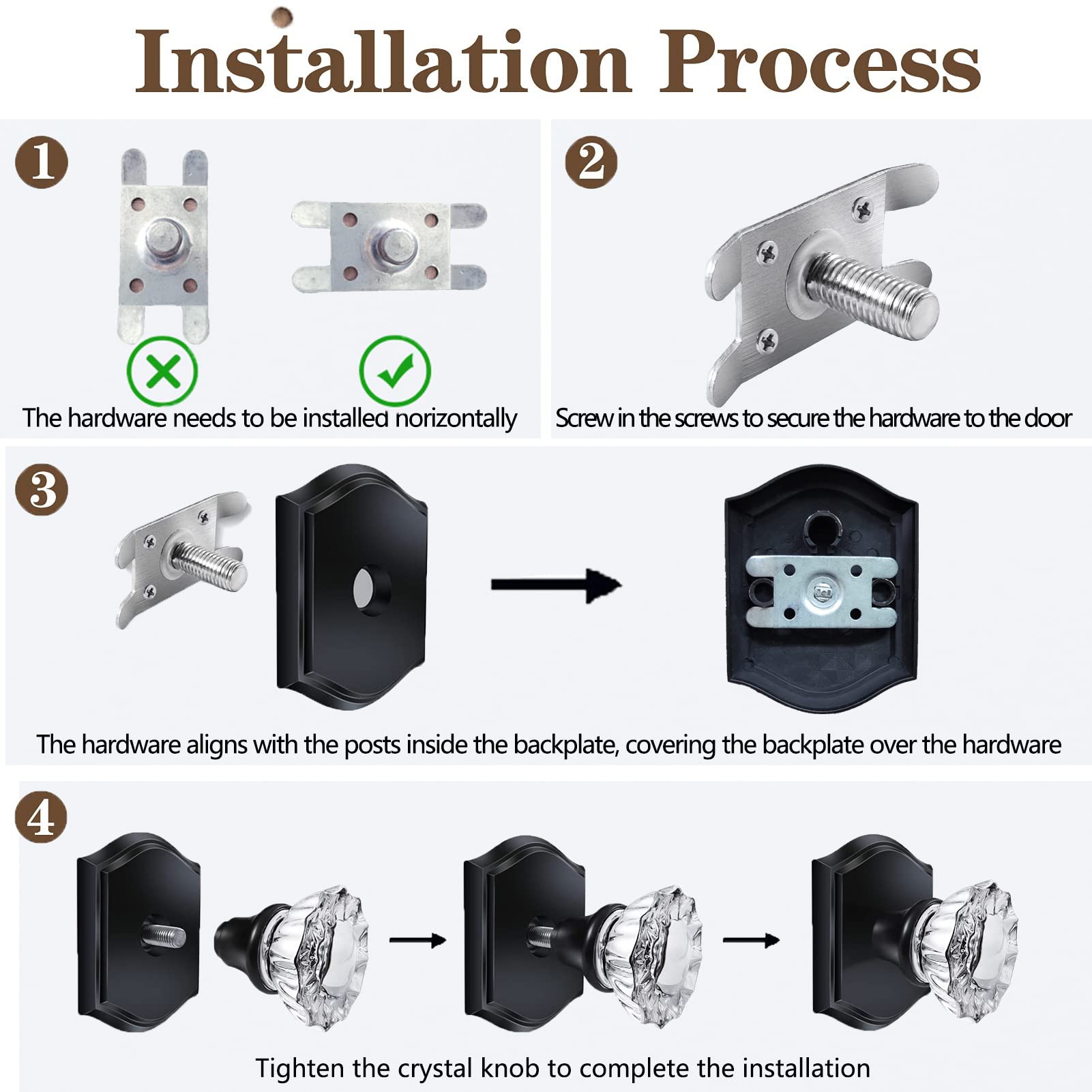 CLCTK 4 Pack Crystal Glass Dummy Door Knob, Single Side Dummy Door Knob Set for Interior Doors