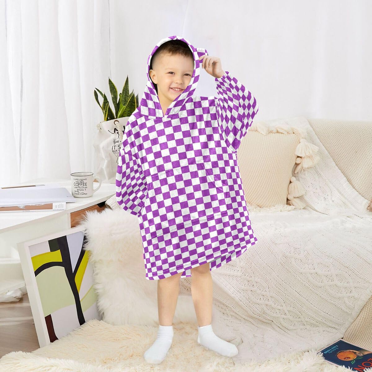 Fioletowa szachownica dziecięca koc do noszenia bluza z kapturem oversize bluza koc sweter vintage kratka dla chłopców i dziewcząt w wieku 3-14 lat