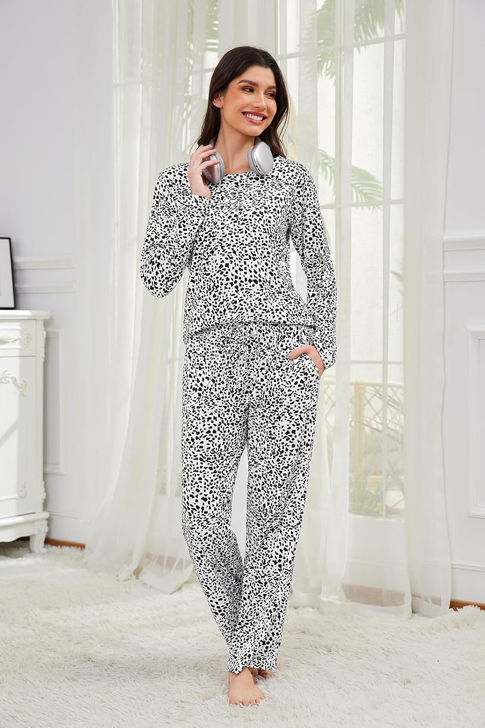 Xelky 2 Pack Womens Pajamas Set Long Sleeve Pajama Tops and Pants Sleepwear Soft Lounge Sets with Pocket - Image 2